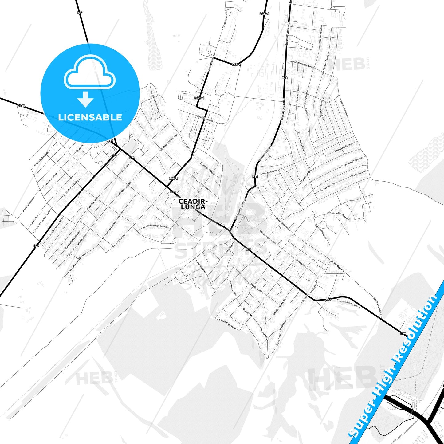 Ceadâr-Lunga, Moldova Light Map with Street Names, City Names, and Districts