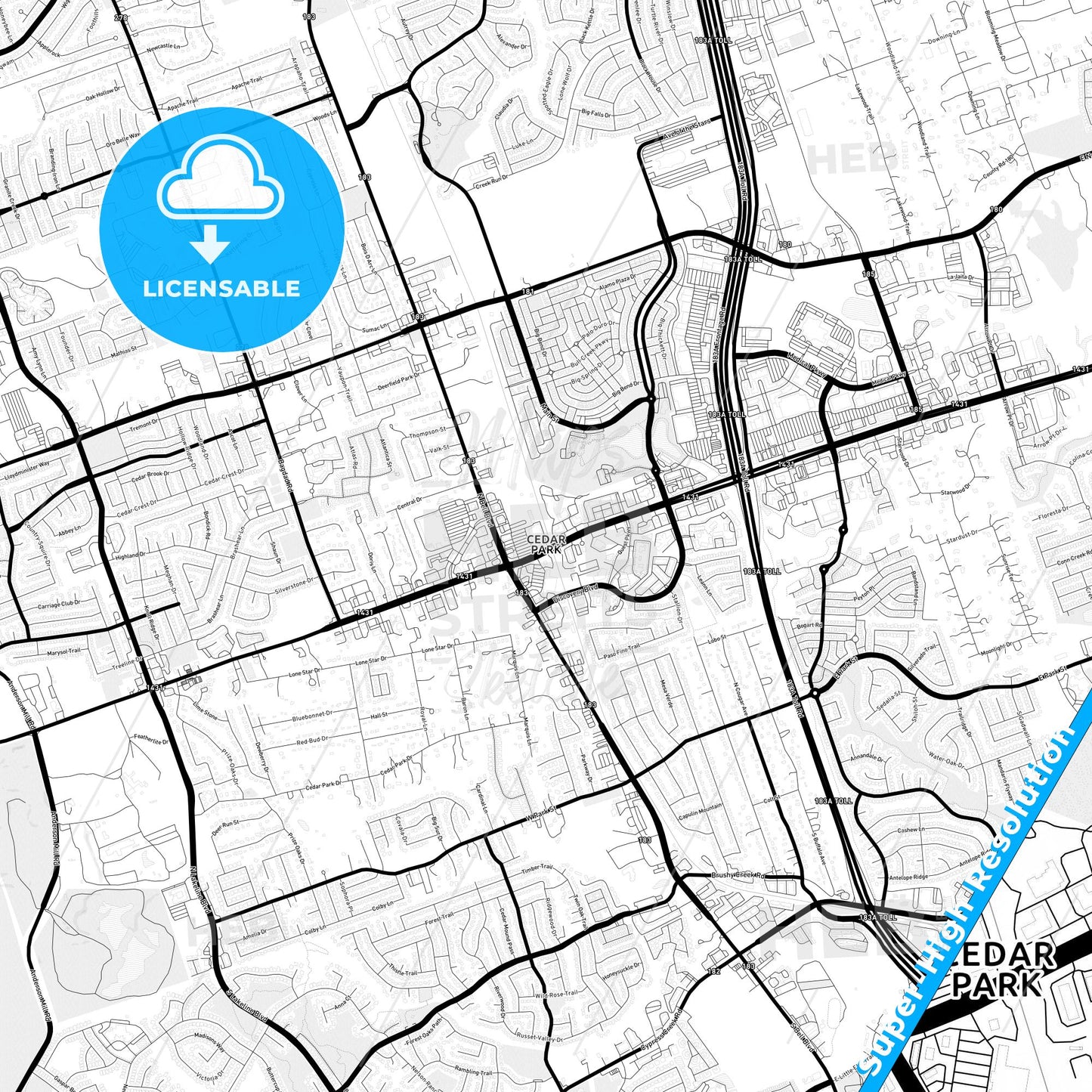 Cedar Park, Texas Light Map with Street Names, City Names, and Districts