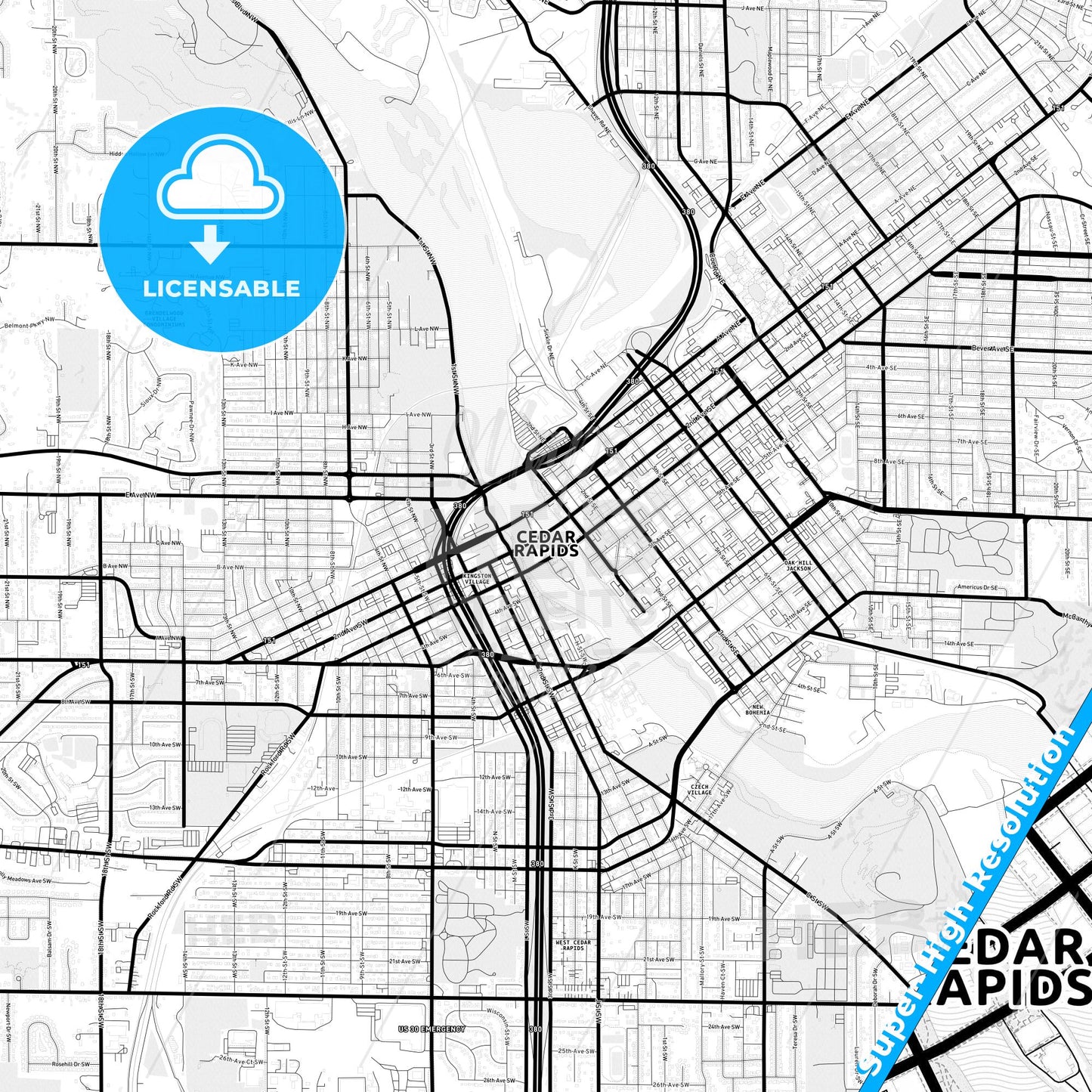 Cedar Rapids, Iowa Light Map with Street Names, City Names, and Districts