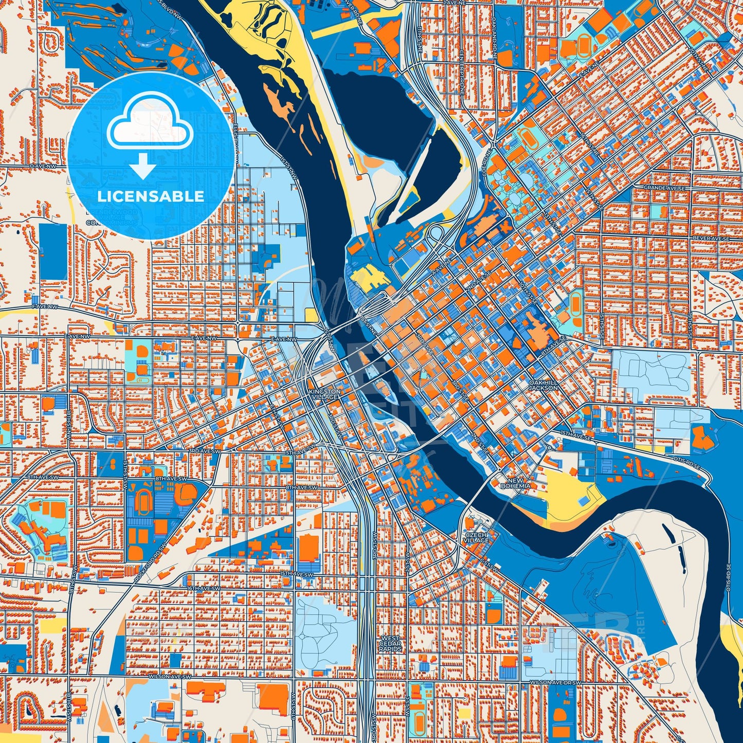 Colorful Cedar Rapids Street Map with Labels and Buildings