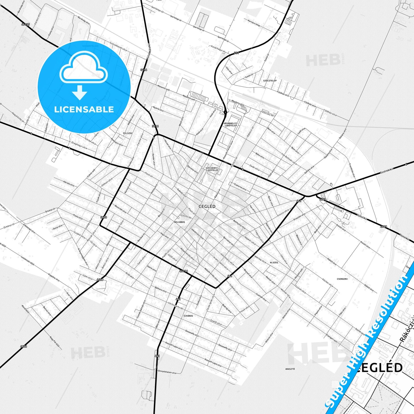 Cegléd, Hungary Light Map with Street Names, City Names, and Districts