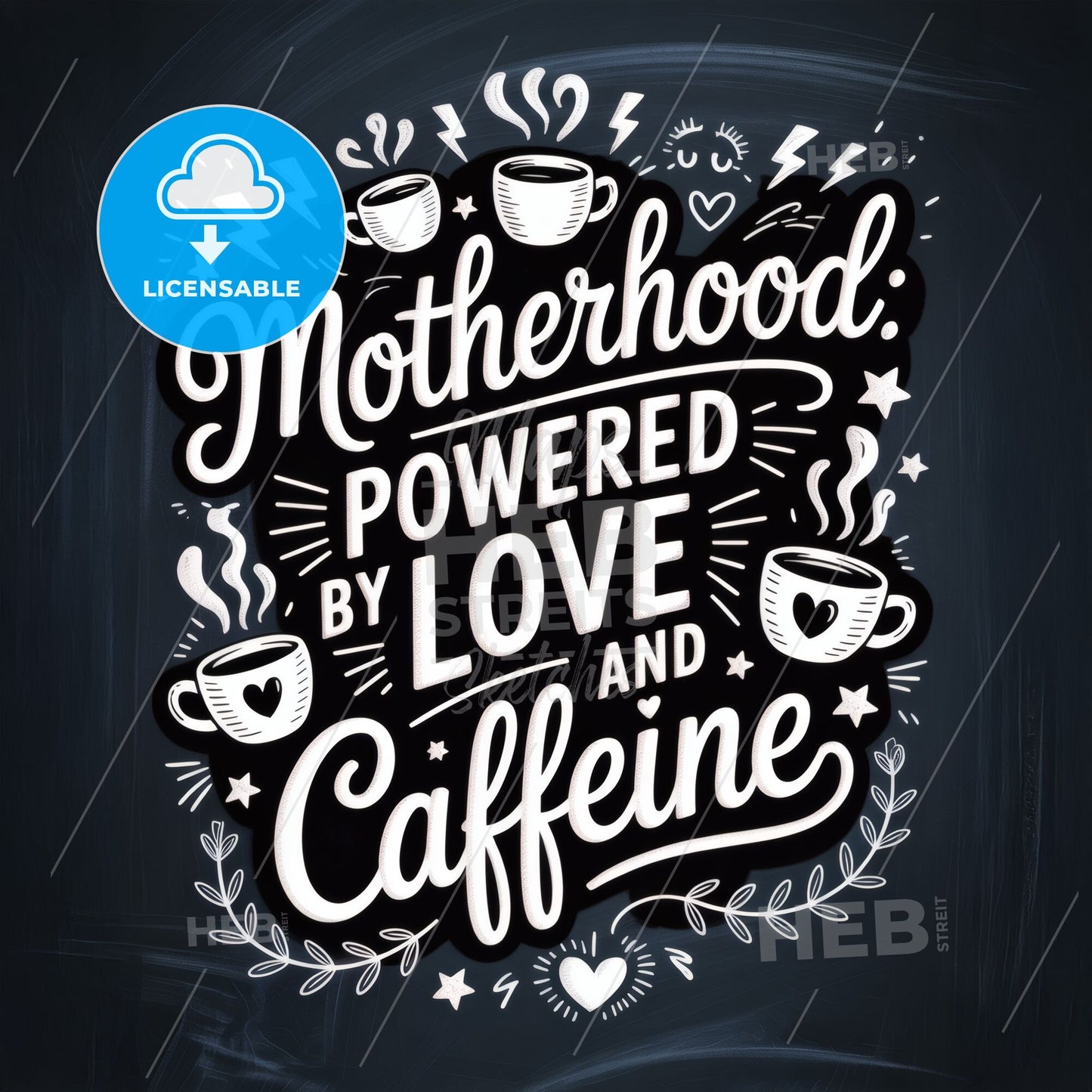 Celebrating Motherhood: A Whimsical Typography Design Highlighting Love and Caffeine Essentials for Moms