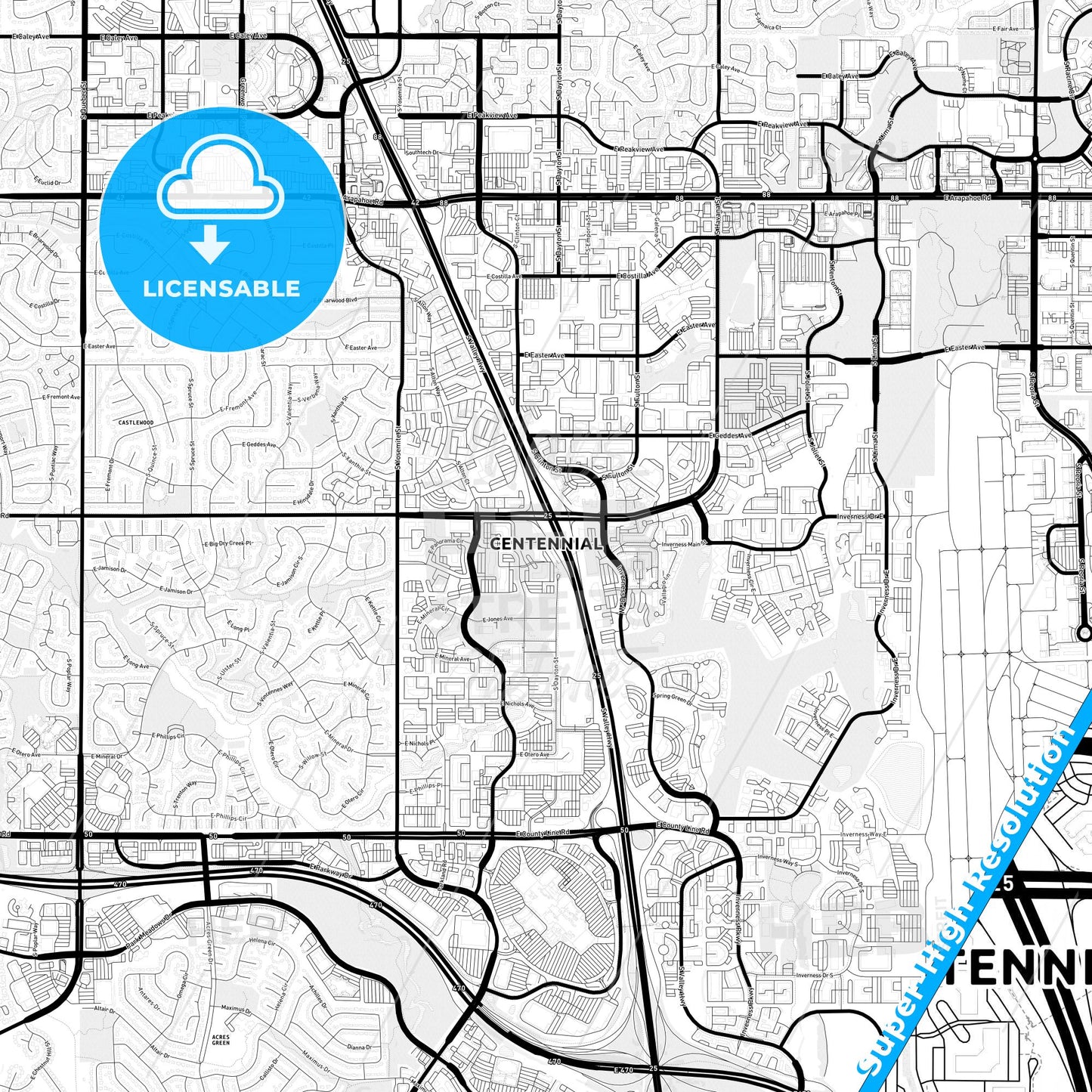 Centennial, Colorado Light Map with Street Names, City Names, and Districts
