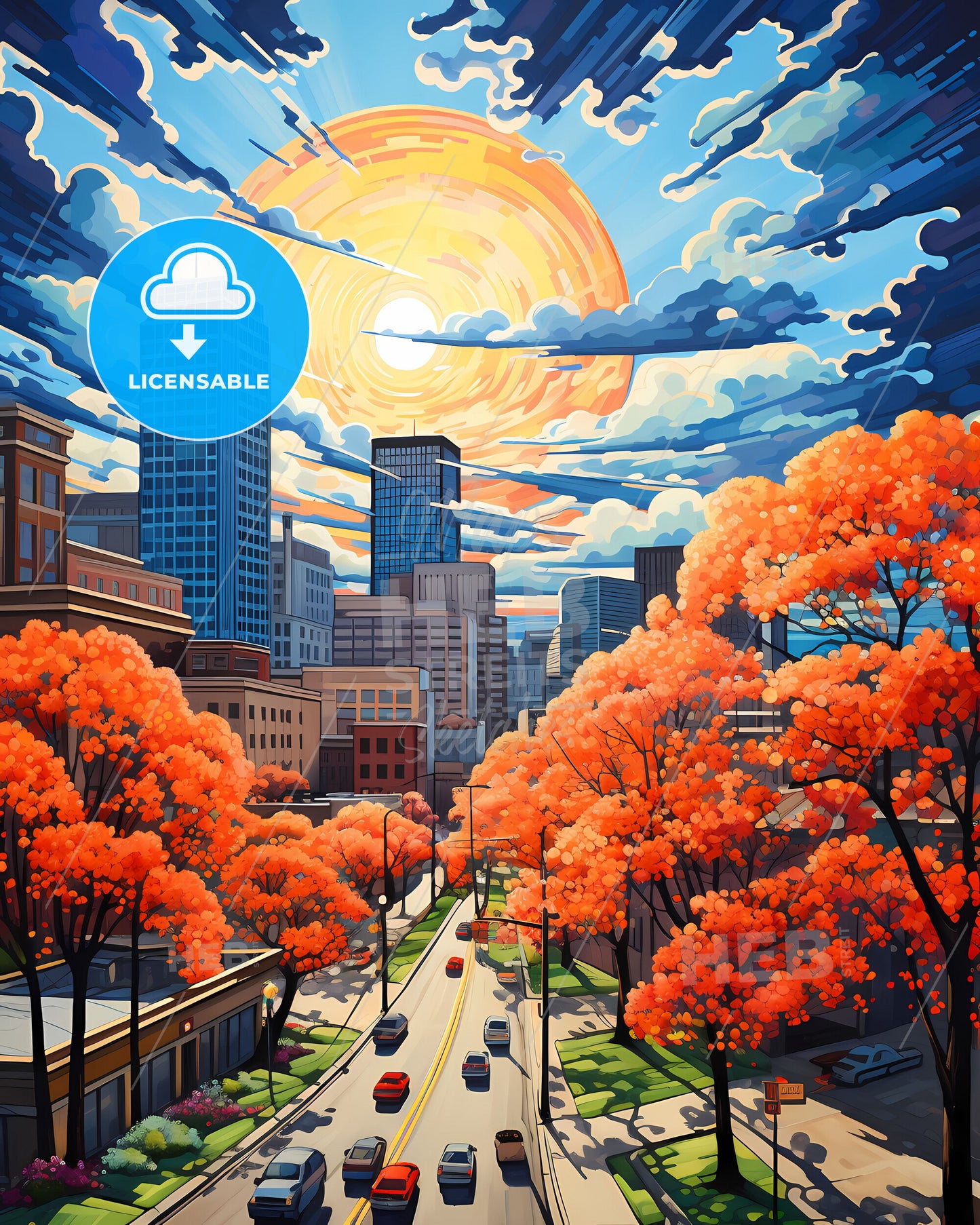 Vibrant City Skyline Painting - Jakarta Indonesia Street Scene with Orange Trees and Buildings