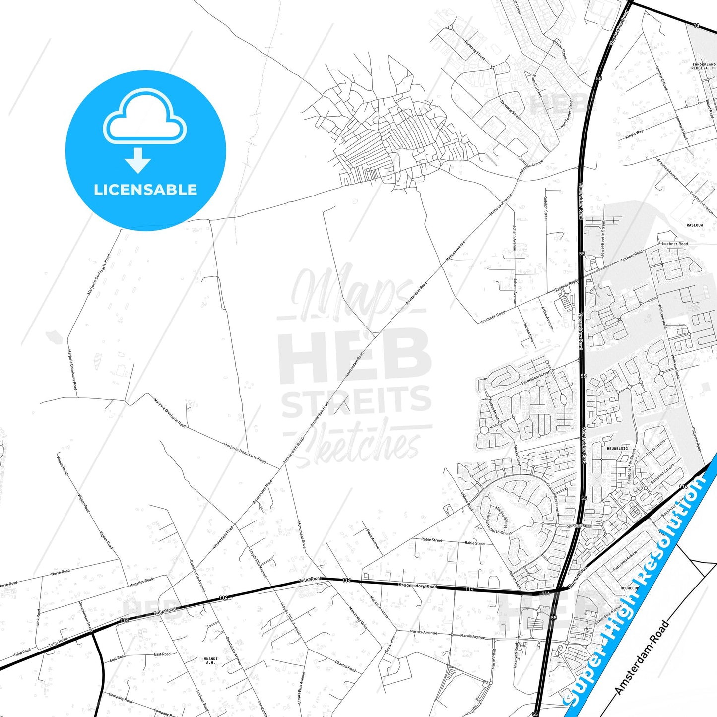 Centurion, South Africa Light Map with Street Names, City Names, and Districts