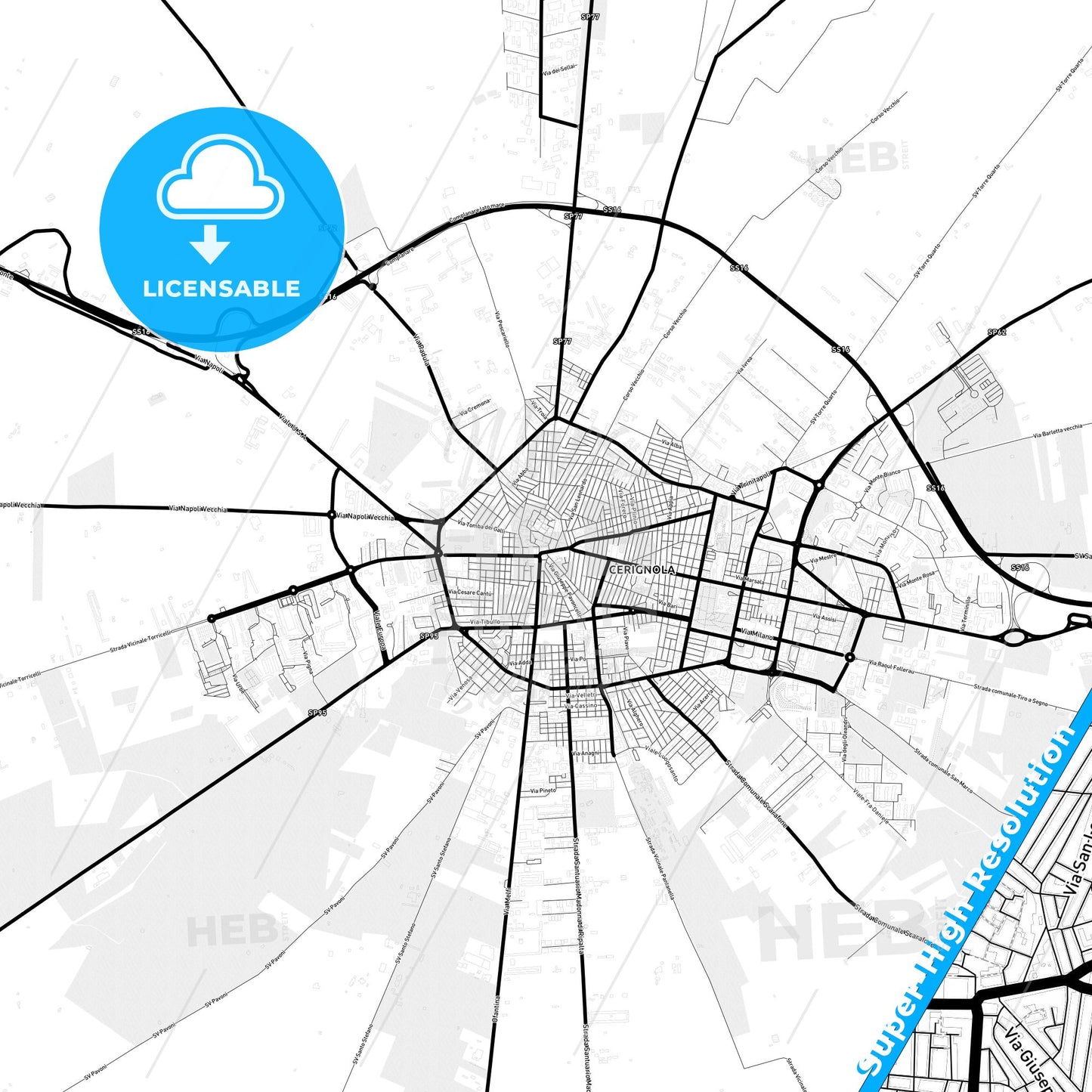 Cerignola, Italy Light Map with Street Names, City Names, and Districts