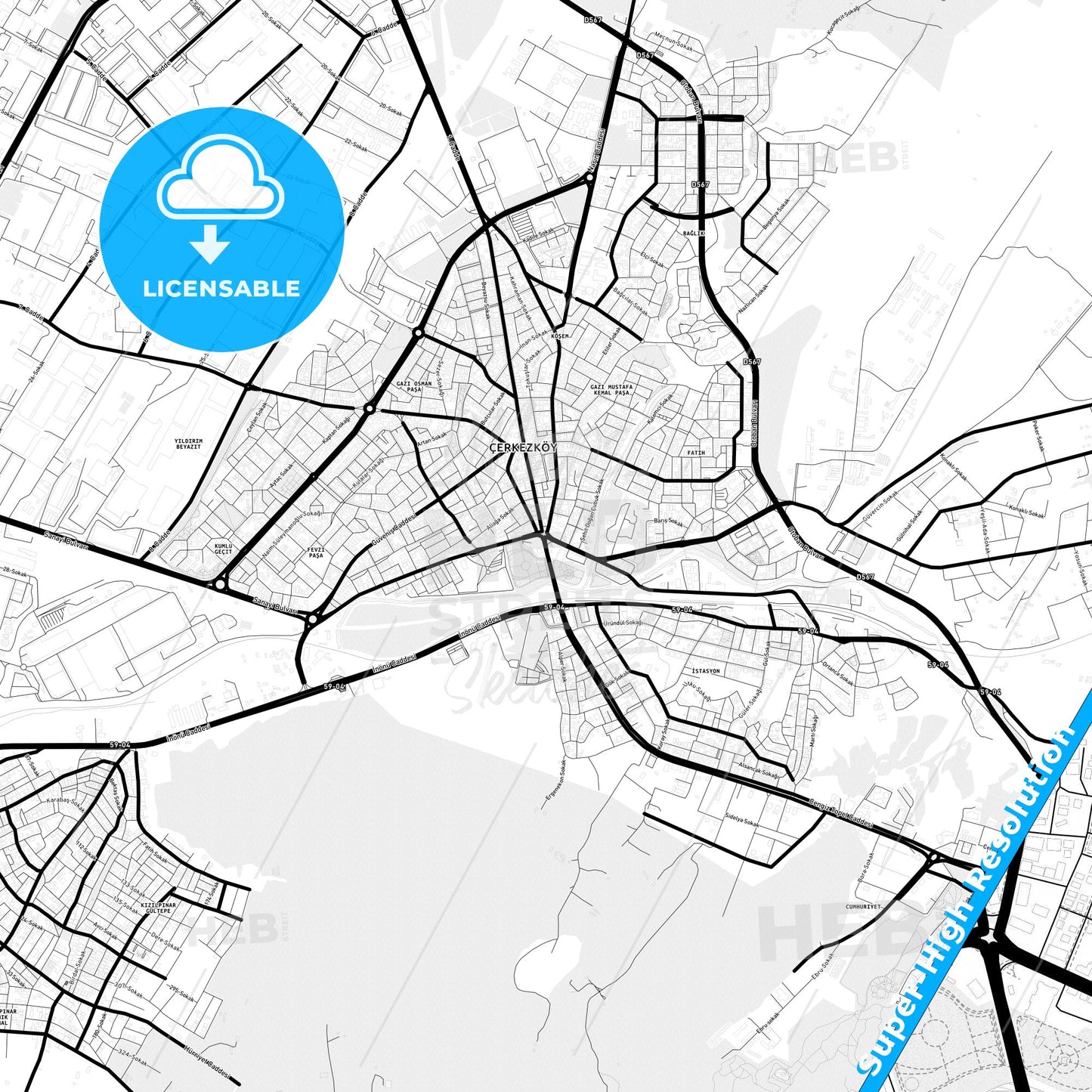Çerkezköy, Turkey Light Map with Street Names, City Names, and Districts
