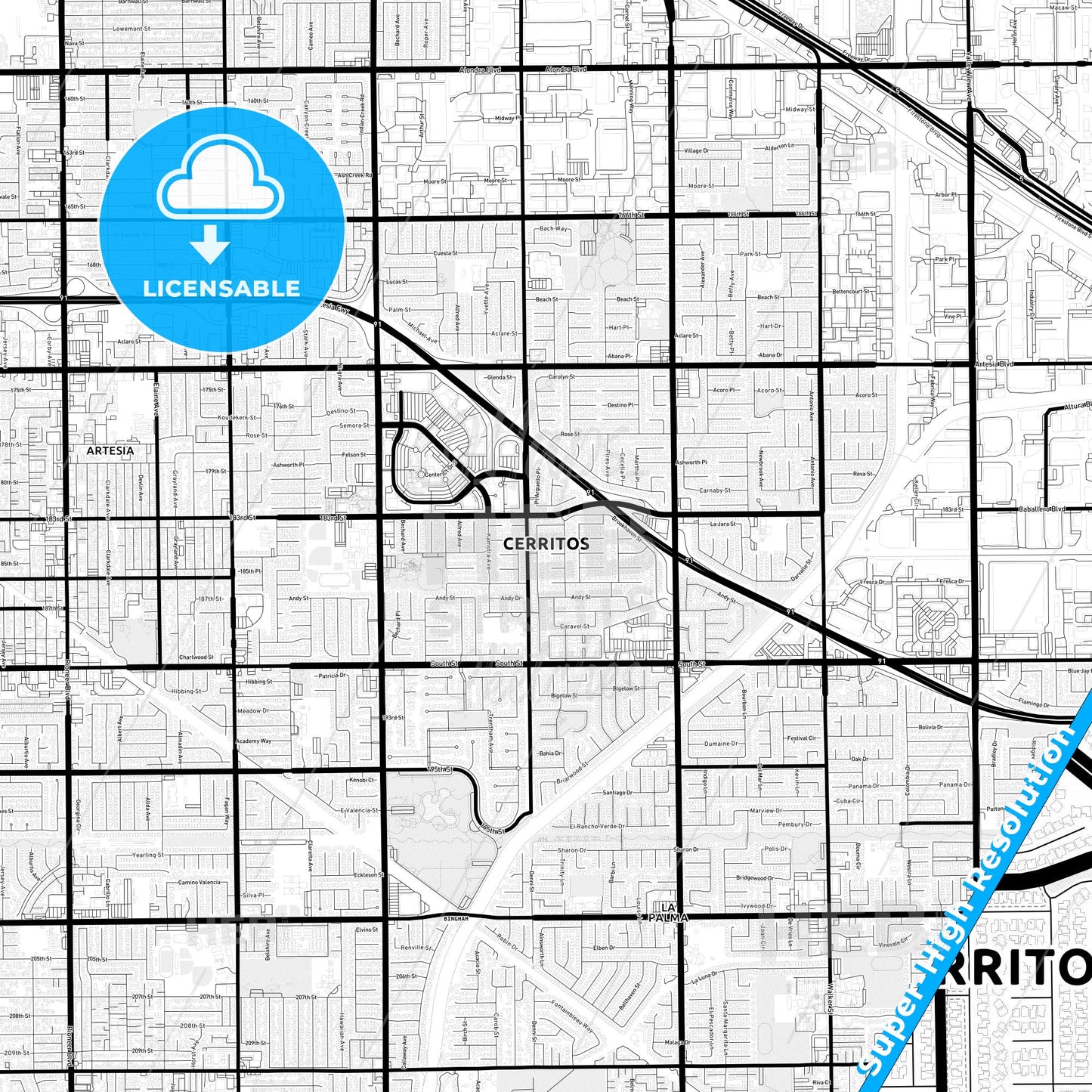 Cerritos, California Light Map with Street Names, City Names, and Districts