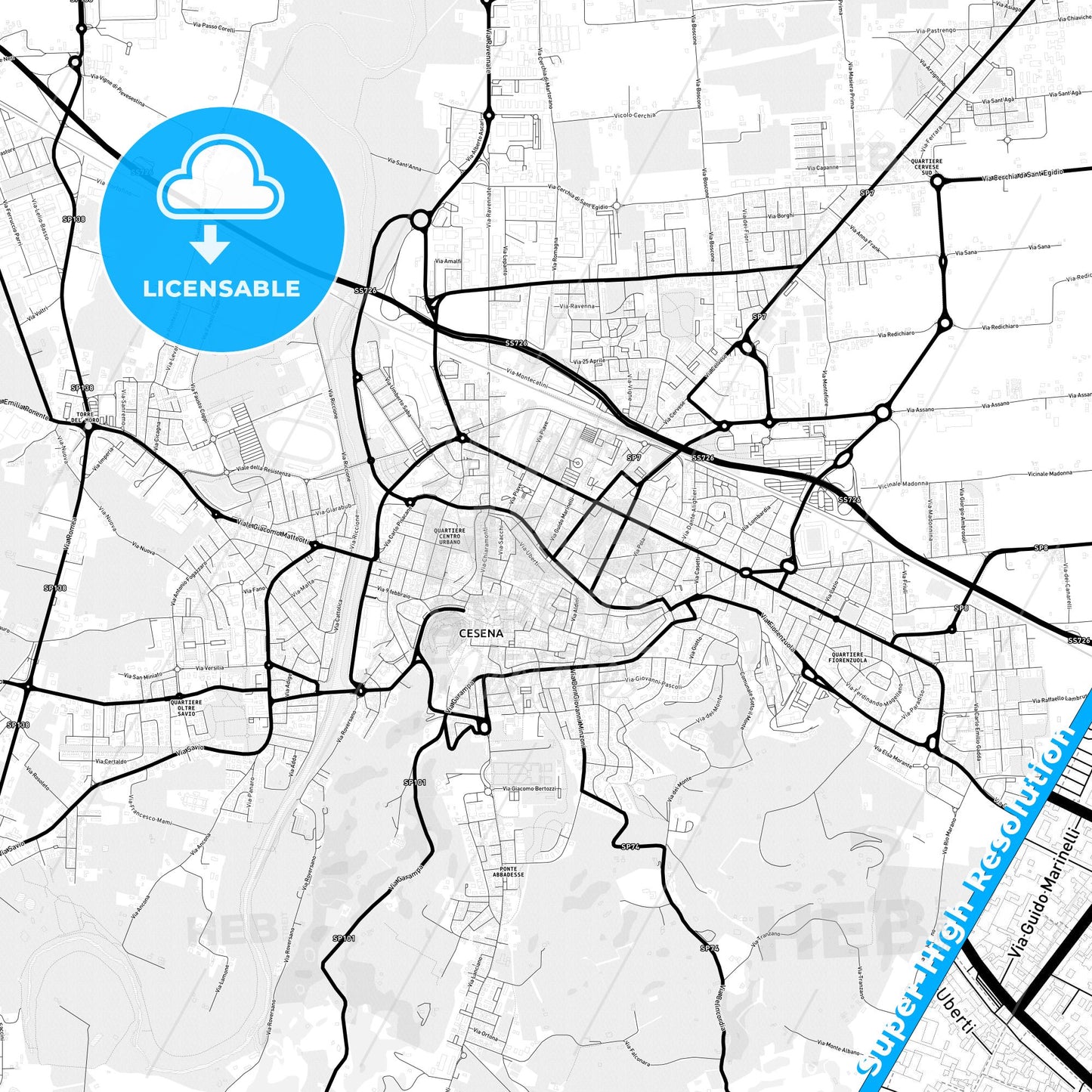 Cesena, Italy Light Map with Street Names, City Names, and Districts