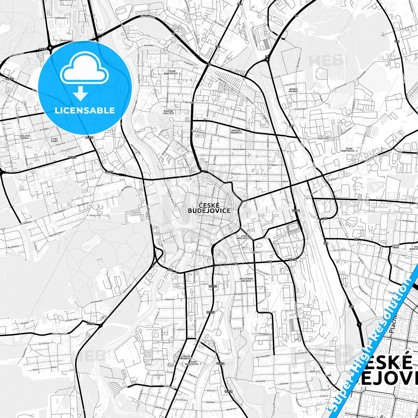 České Budějovice, Czechia Light Map with Street Names, City Names, and Districts