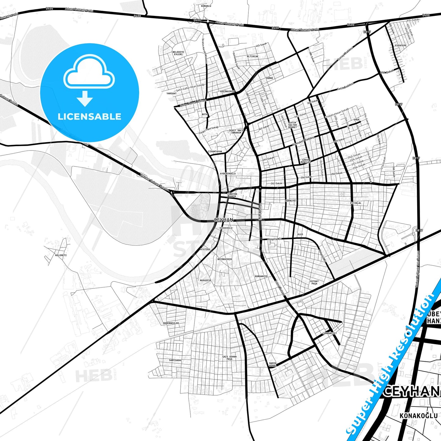 Ceyhan, Turkey Light Map with Street Names, City Names, and Districts