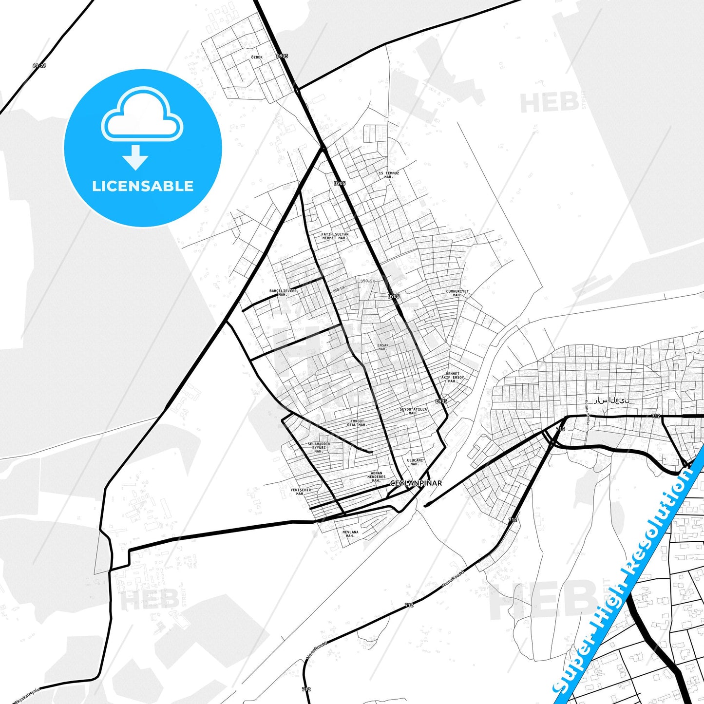 Ceylanpınar, Turkey Light Map with Street Names, City Names, and Districts