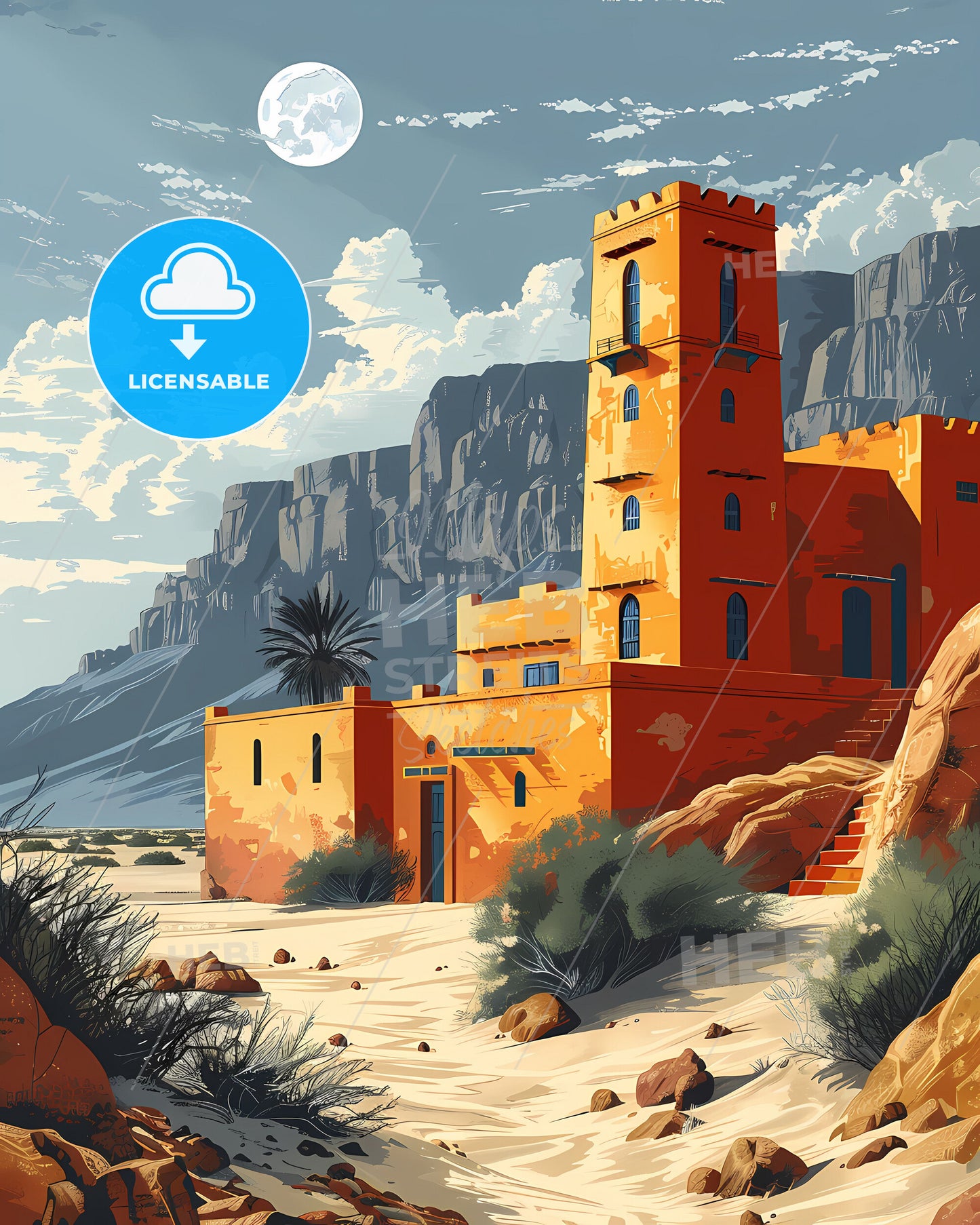 Colorful African Art Painting, Desert Building, Chad, Vibrant Wall Artwork