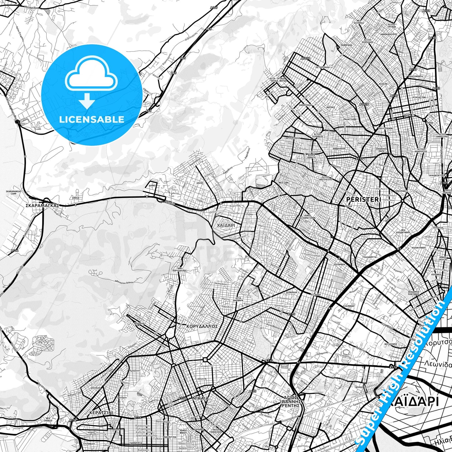Chaidari, Greece Light Map with Street Names, City Names, and Districts