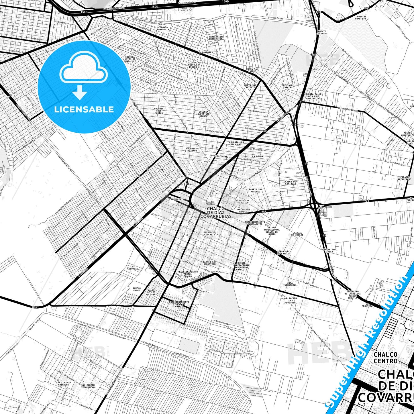 Chalco de Díaz Covarrubias, Mexico Light Map with Street Names, City Names, and Districts