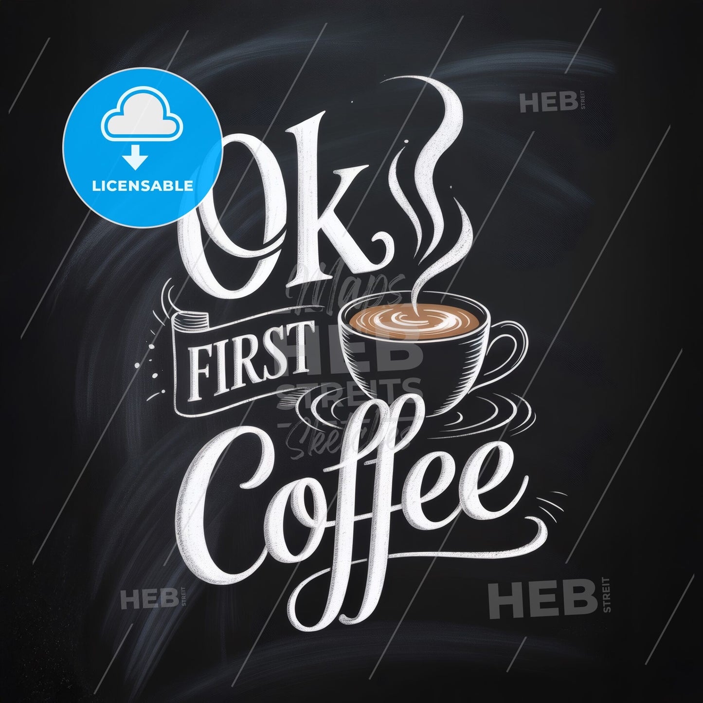 Chalkboard Coffee Design: ‘Ok First Coffee’ Typography with Cup Illustration and Swirling Steam.