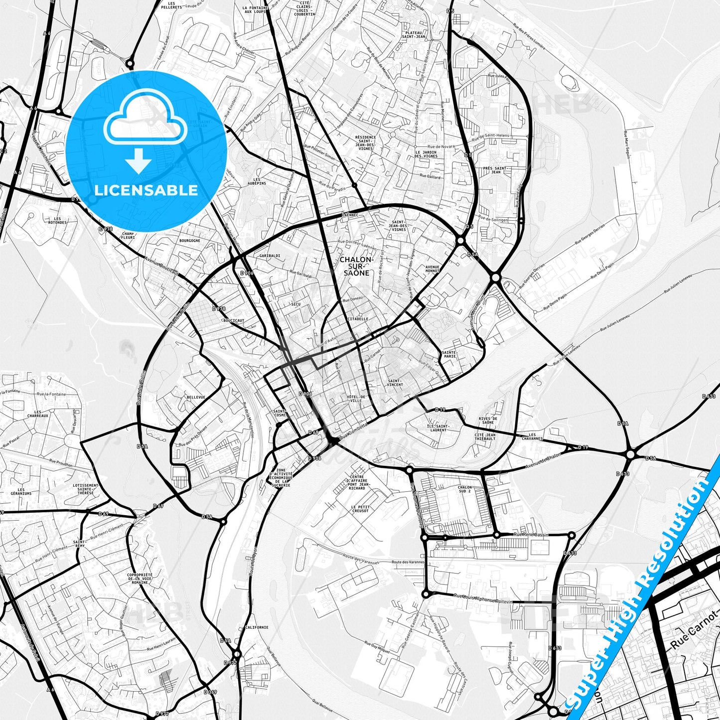 Chalon-sur-Saône, France Light Map with Street Names, City Names, and Districts