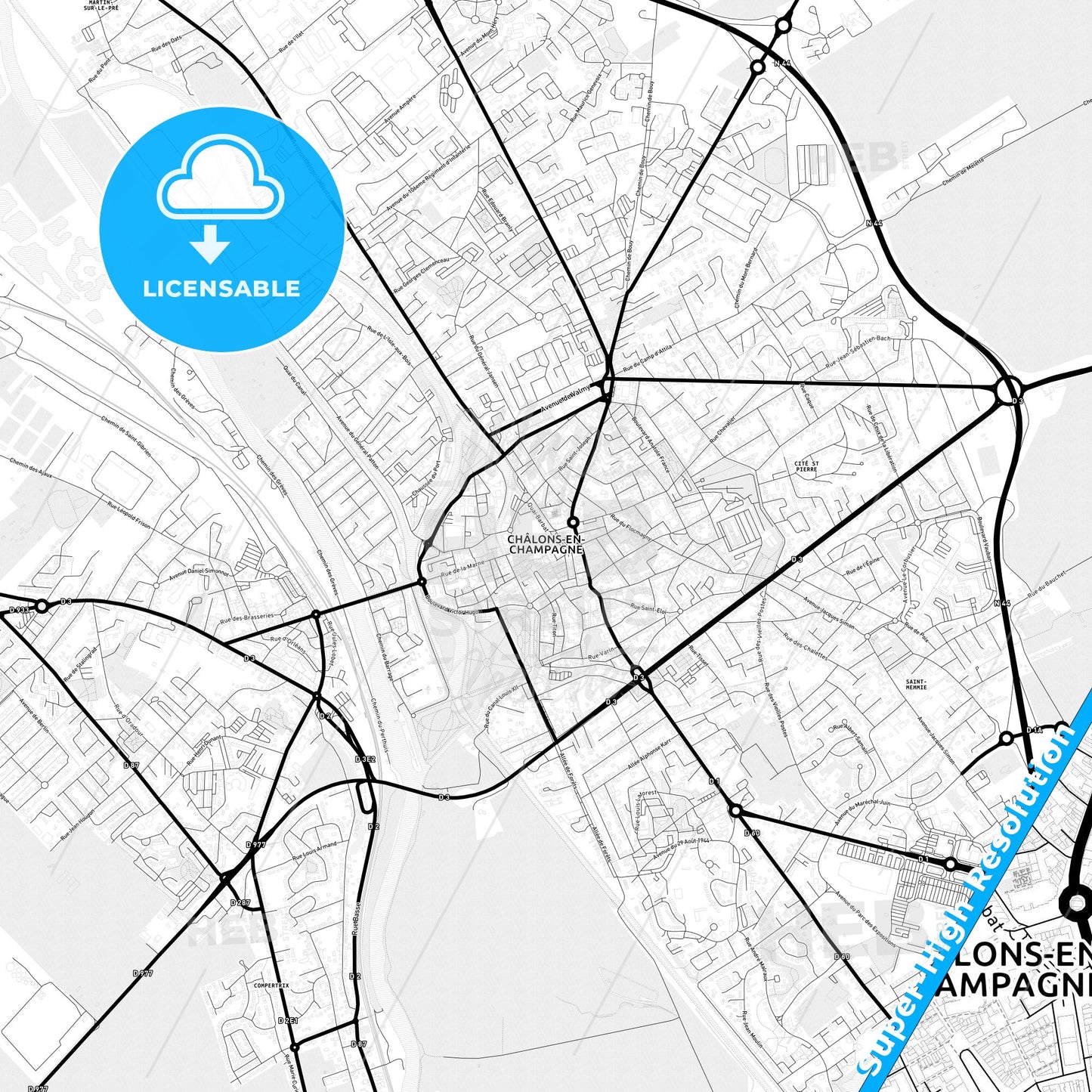 Châlons-en-Champagne, France Light Map with Street Names, City Names, and Districts