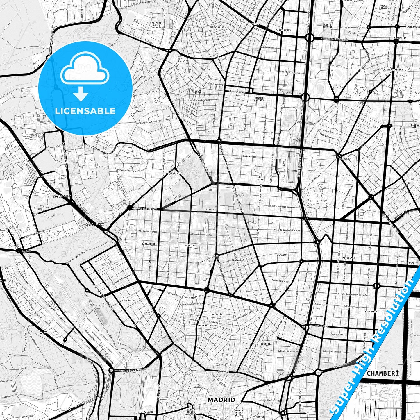 Chamberí, Spain Light Map with Street Names, City Names, and Districts
