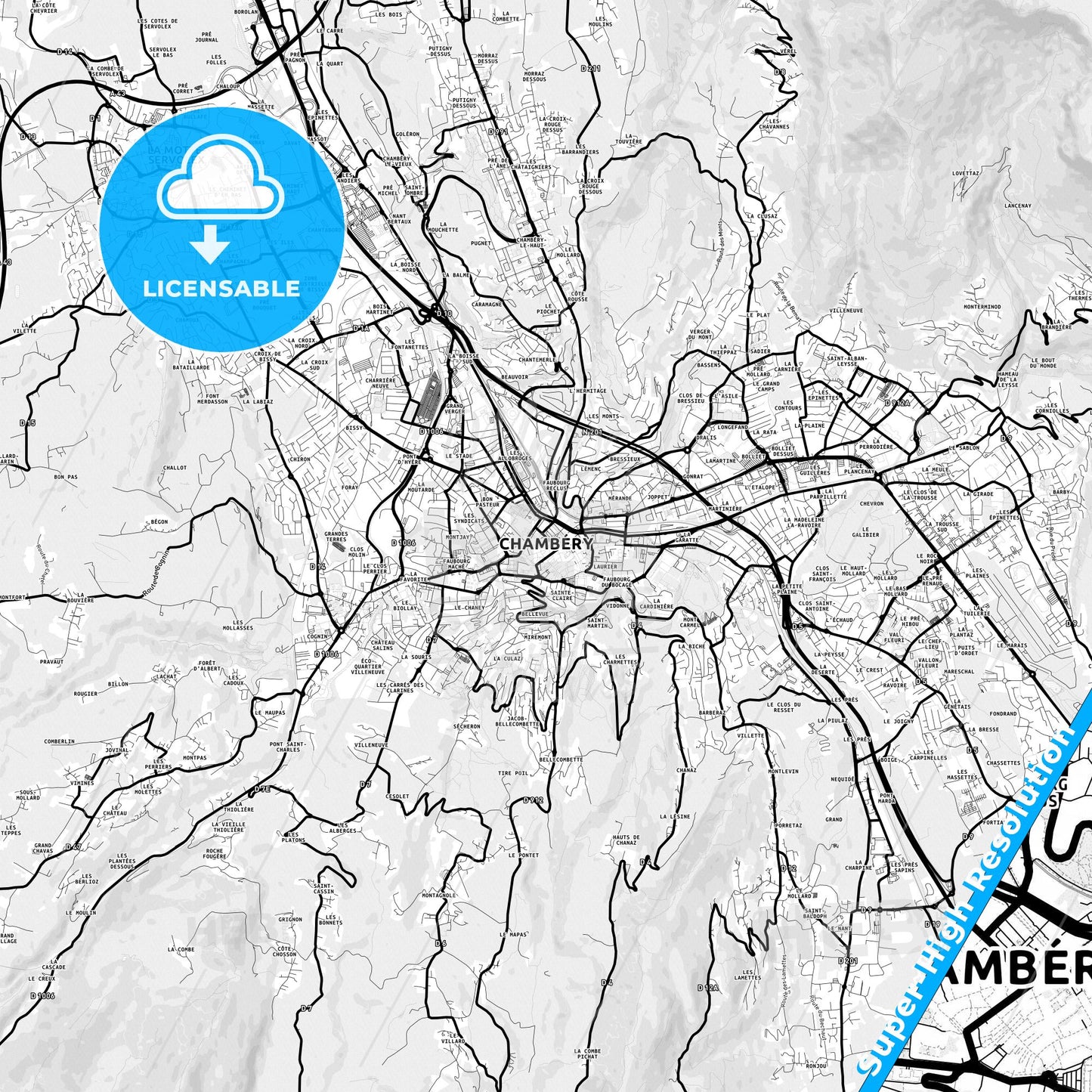 Chambéry, France Light Map with Street Names, City Names, and Districts