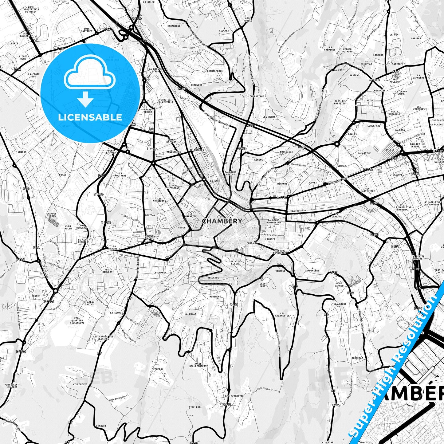 Chambéry, France Light Map with Street Names, City Names, and Districts