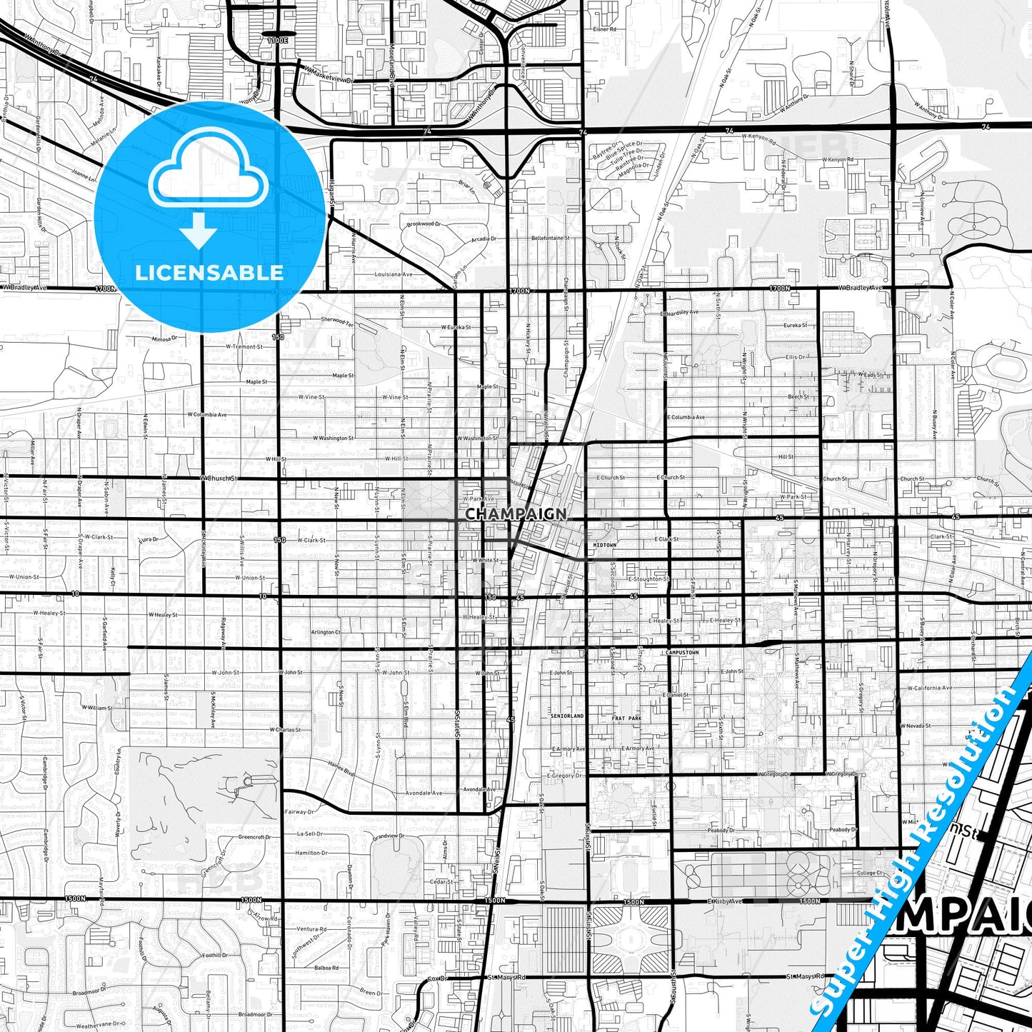 Champaign, Illinois Light Map with Street Names, City Names, and Districts
