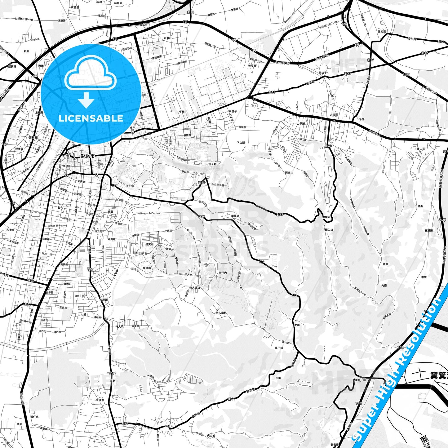Changhua, Taiwan Light Map with Street Names, City Names, and Districts