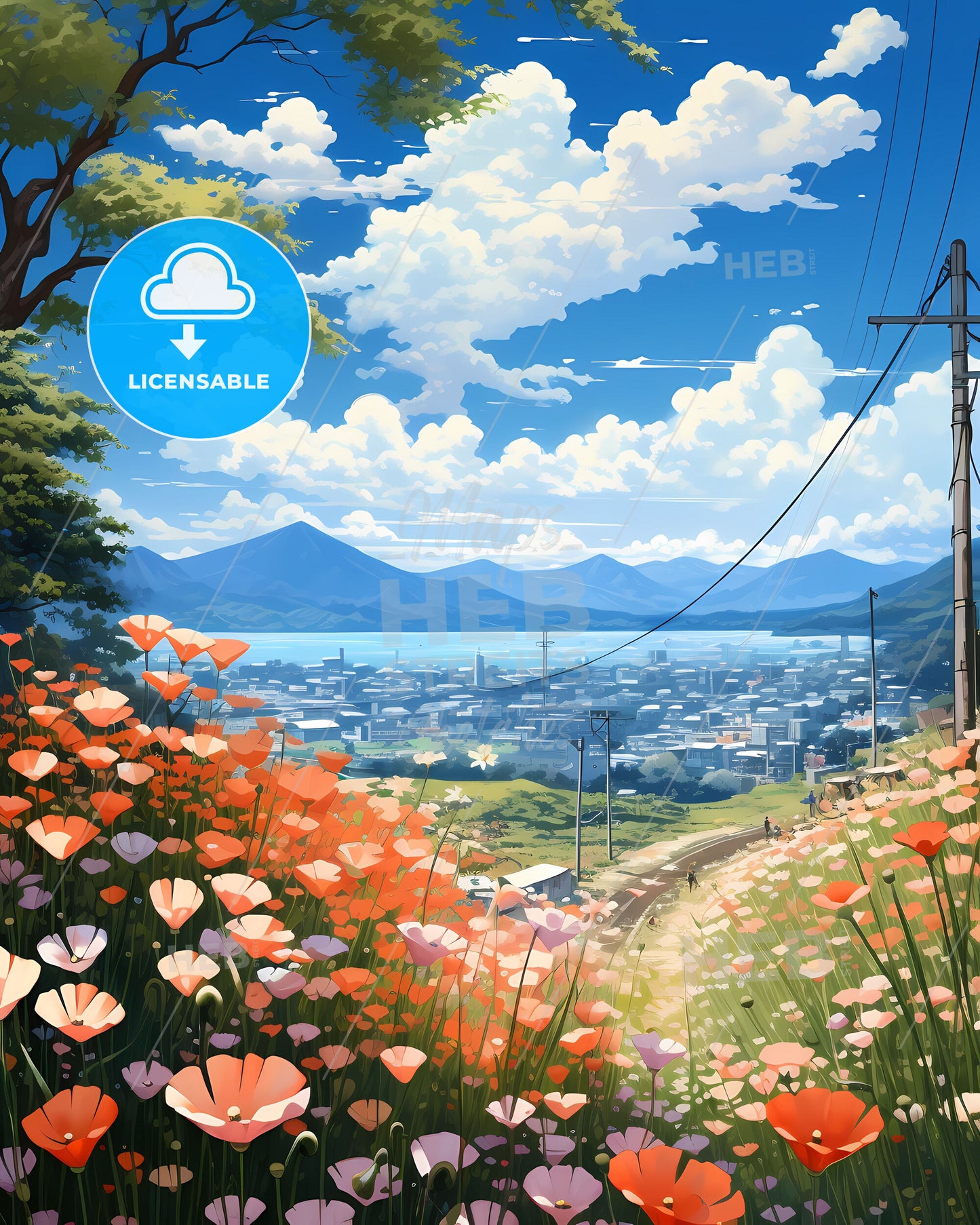 Cityscape Artwork: Vibrant Roadside Flowers with Changhua Taiwan Skyline