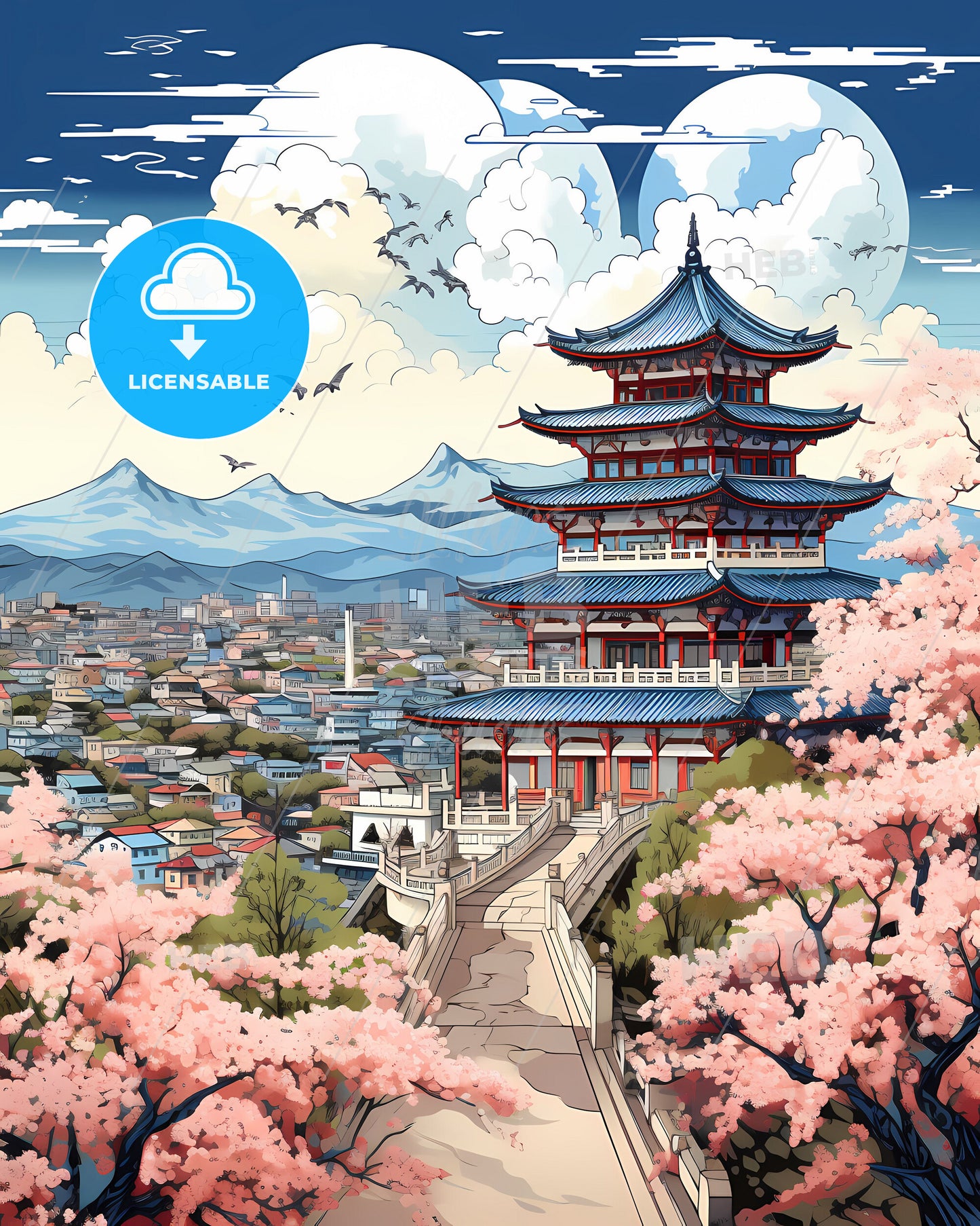 Vibrant Artistic Pagoda Skyline Changhua Taiwan Cherry Blossoms