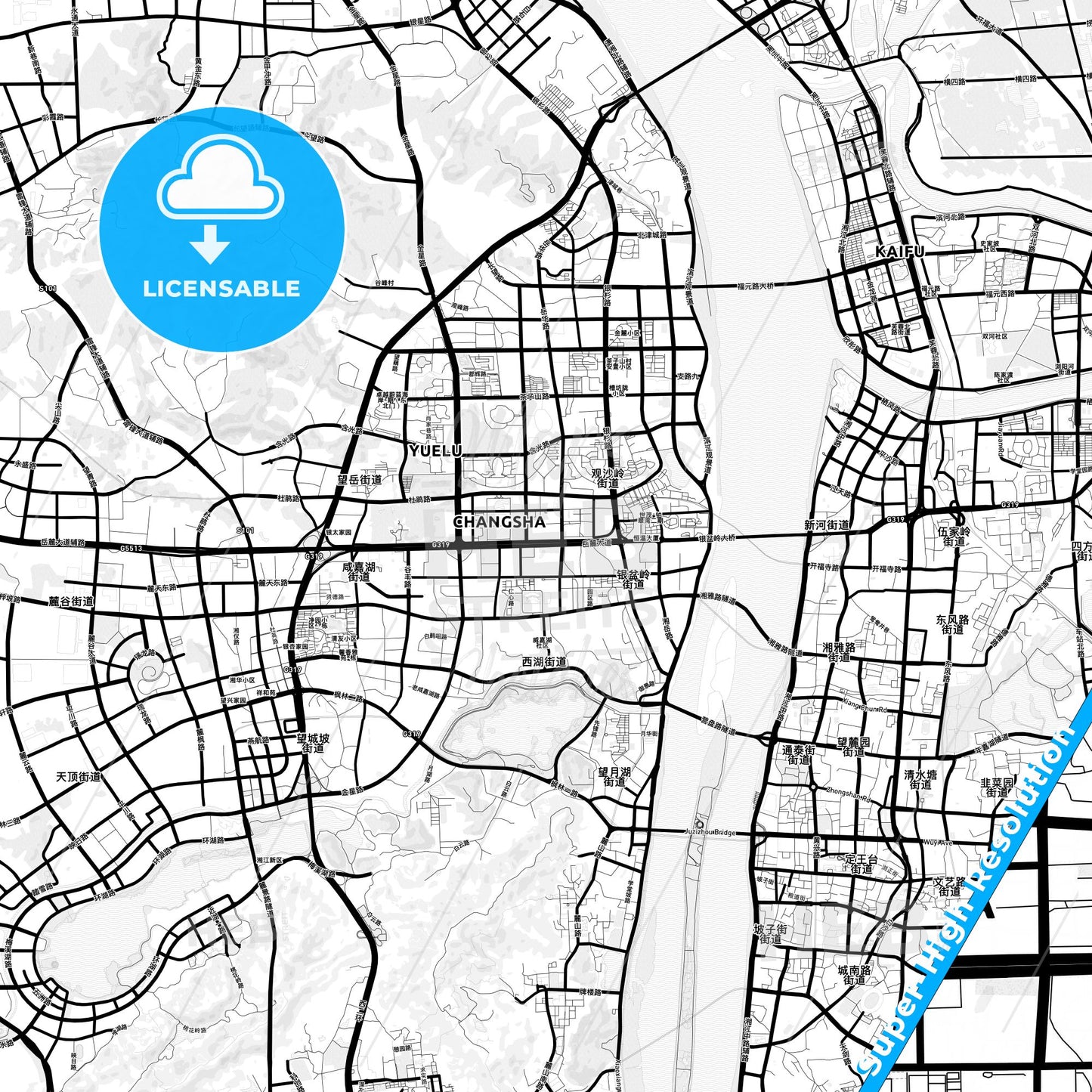 Changsha, China Light Map with Street Names, City Names, and Districts