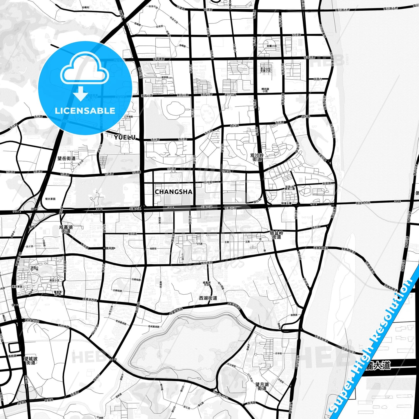 Changsha, China Light Map with Street Names, City Names, and Districts