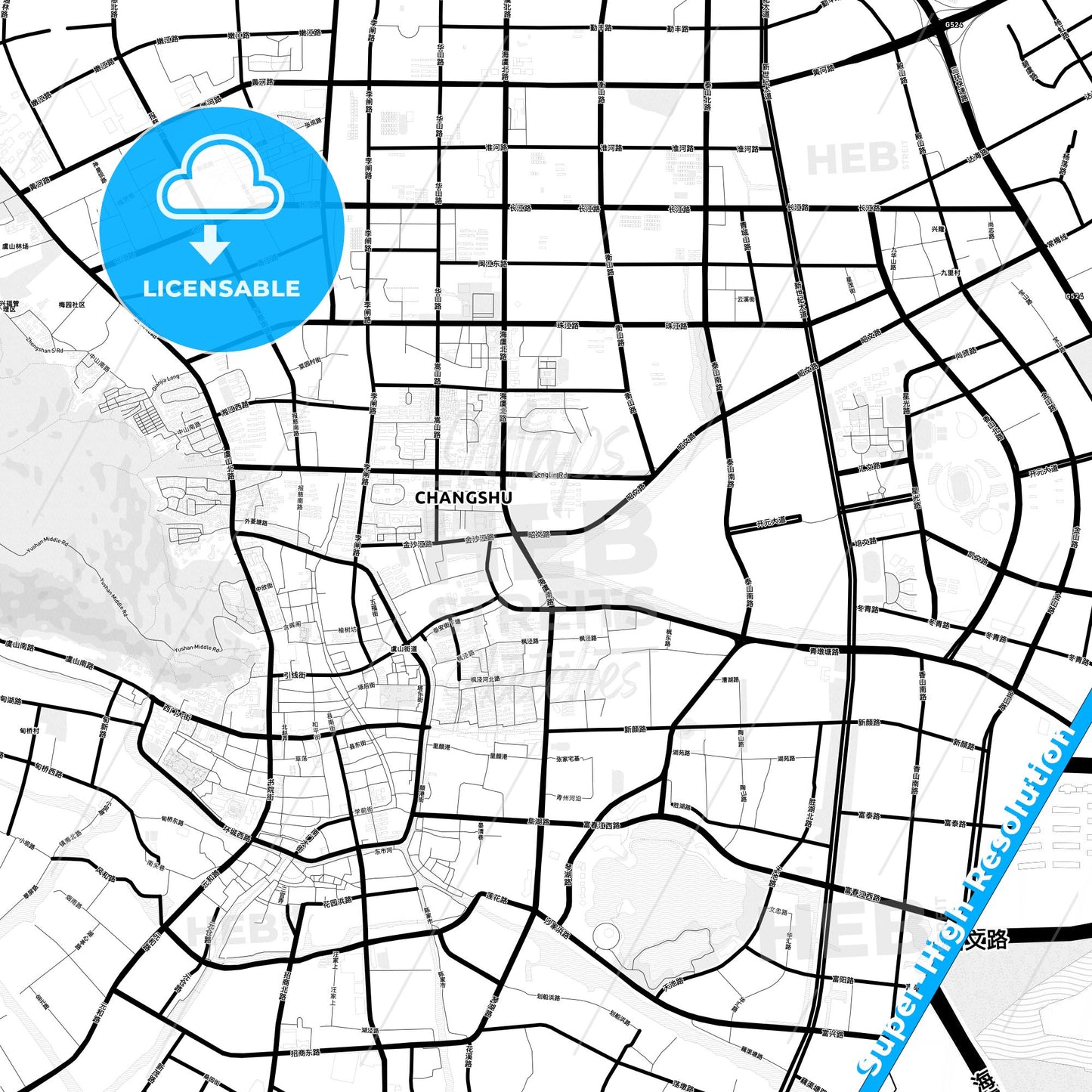 Changshu, China Light Map with Street Names, City Names, and Districts