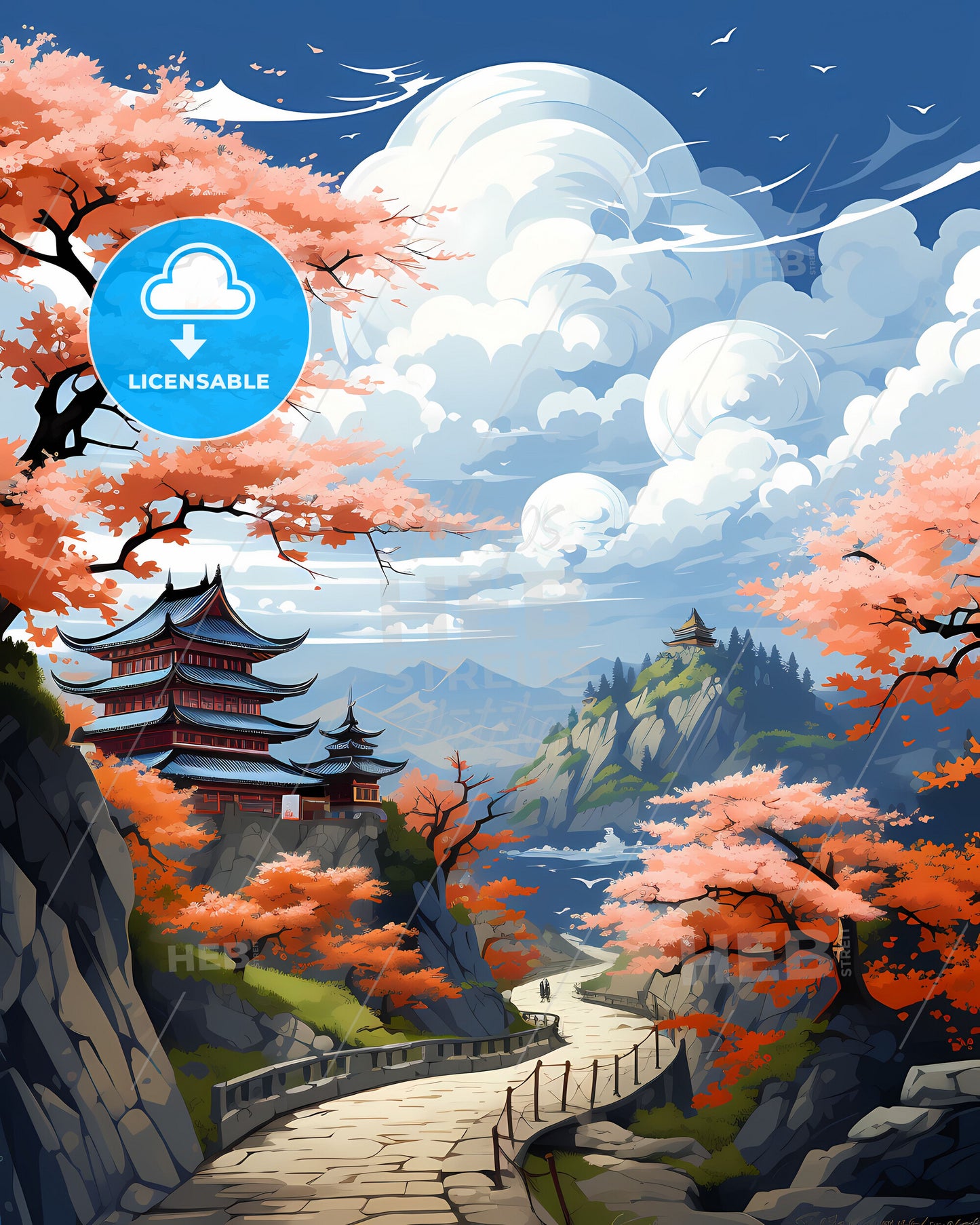 Changzhou China Mountainous Cityscape Art Print Vibrant Pagoda Traditional Painting