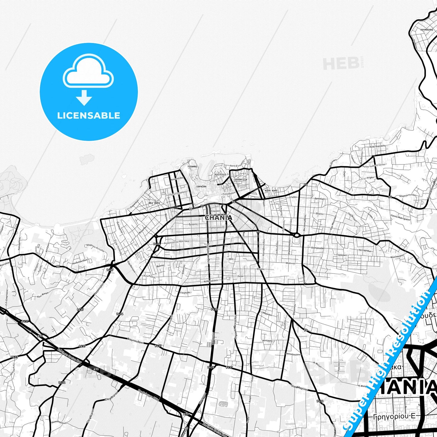 Chania, Greece Light Map with Street Names, City Names, and Districts