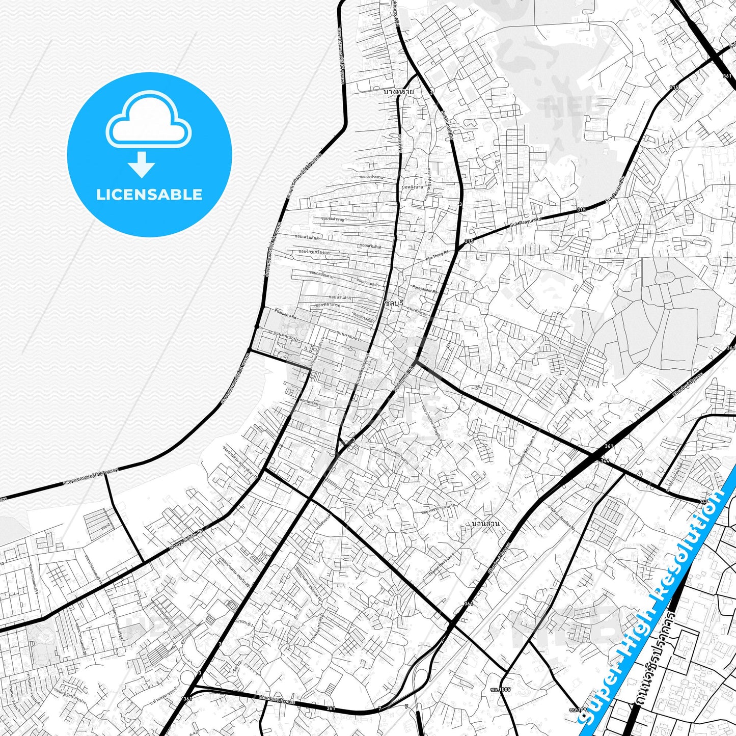 Chaophraya Surasak, Thailand Light Map with Street Names, City Names, and Districts