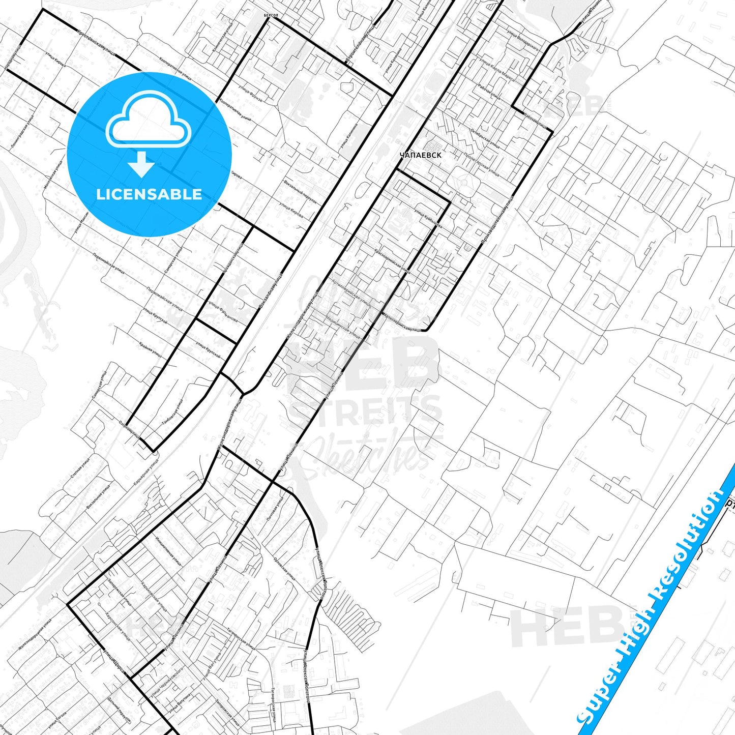 Chapayevsk, Russia Light Map with Street Names, City Names, and Districts