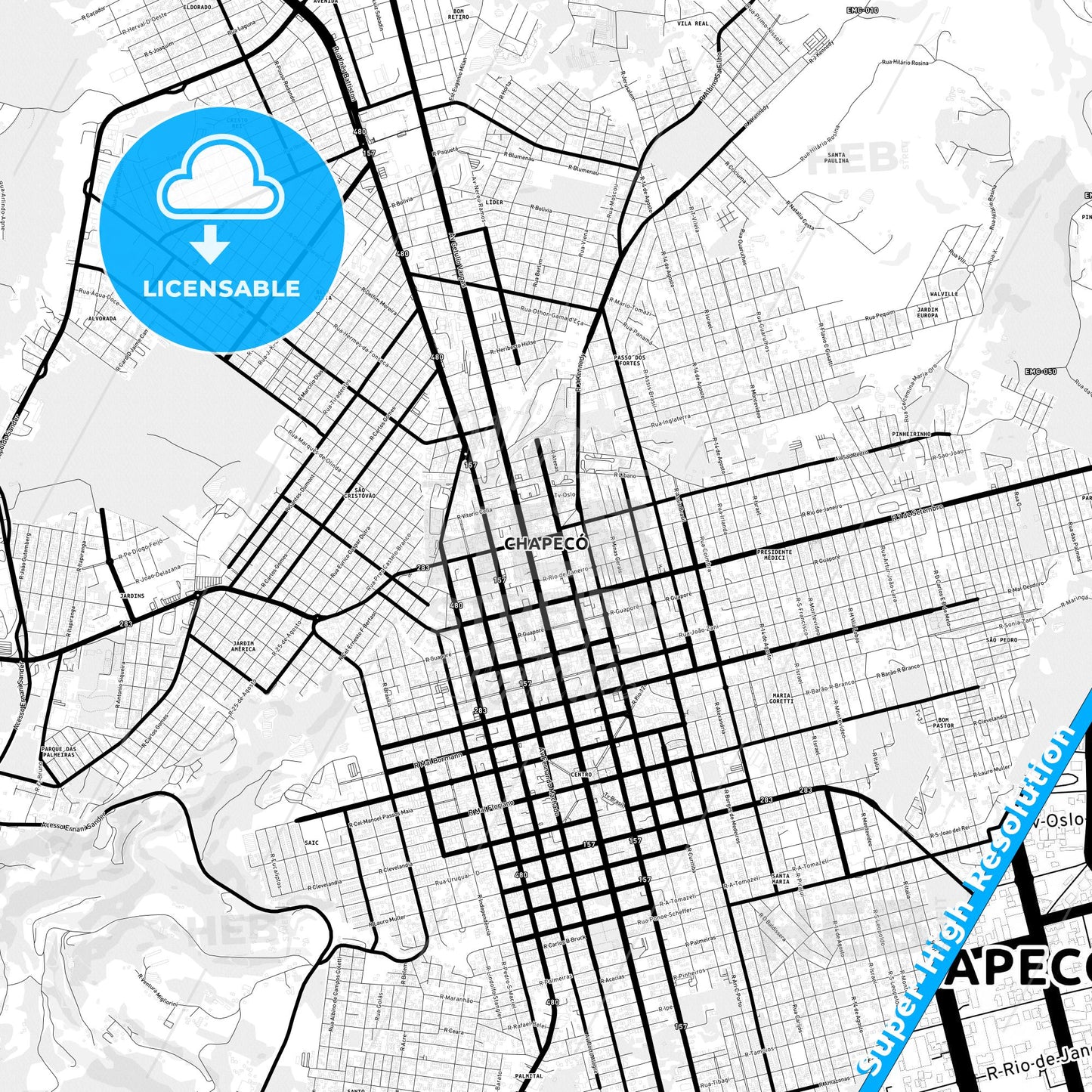 Chapeco, Brazil Light Map with Street Names, City Names, and Districts