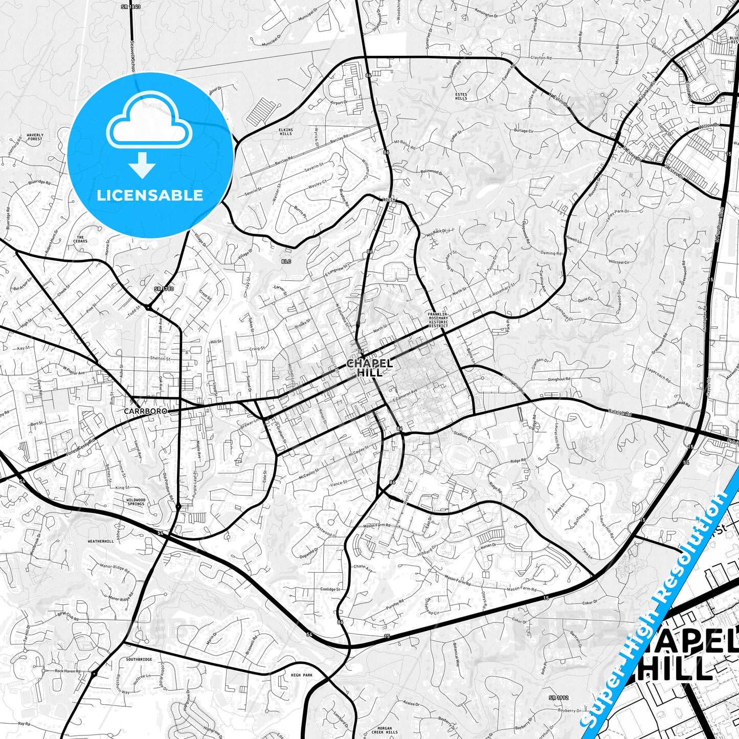 Chapel Hill, North Carolina Light Map with Street Names, City Names, and Districts