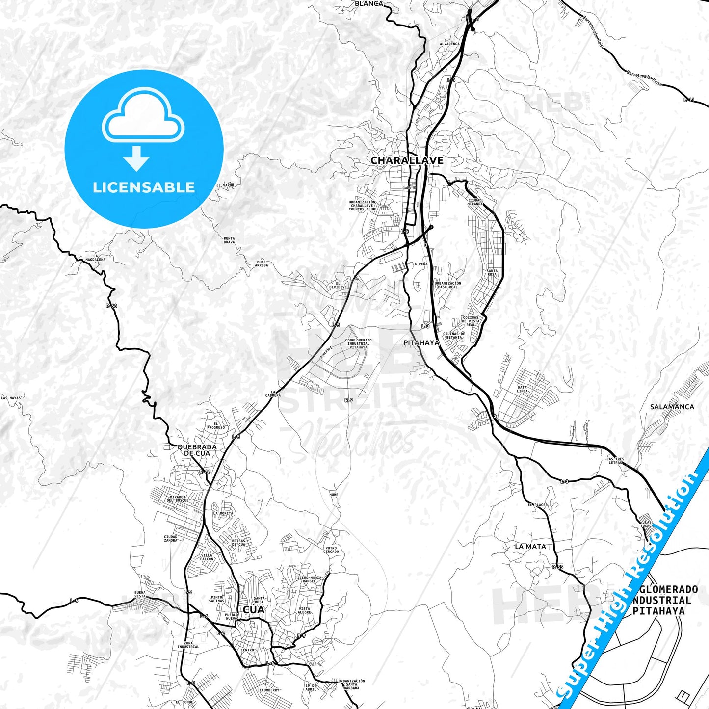 Charallave, Venezuela Light Map with Street Names, City Names, and Districts
