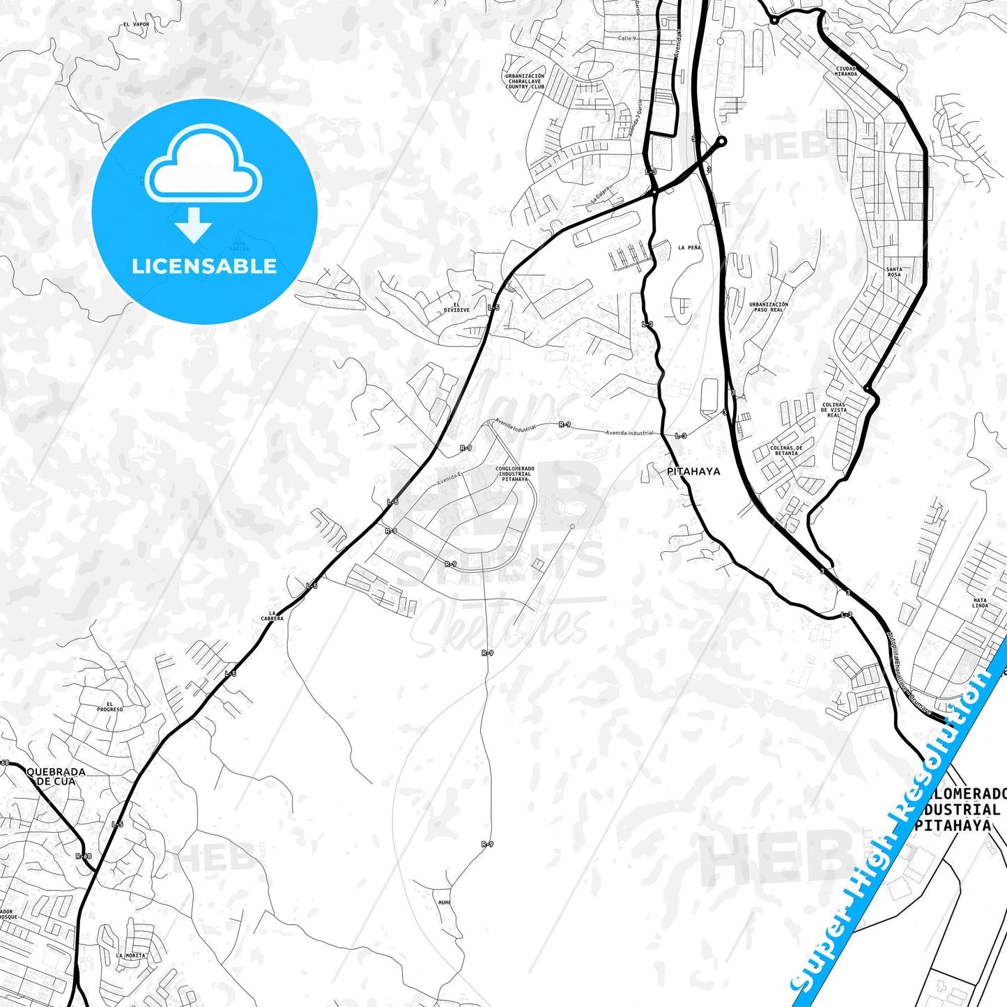 Charallave, Venezuela Light Map with Street Names, City Names, and Districts