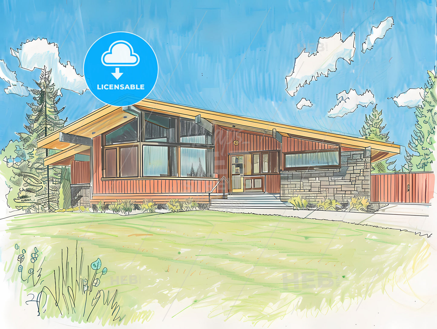 Expressive Charcoal Painting: Modern West Coast House with Dramatic Skillion Roofline and Serene Sunset Glow