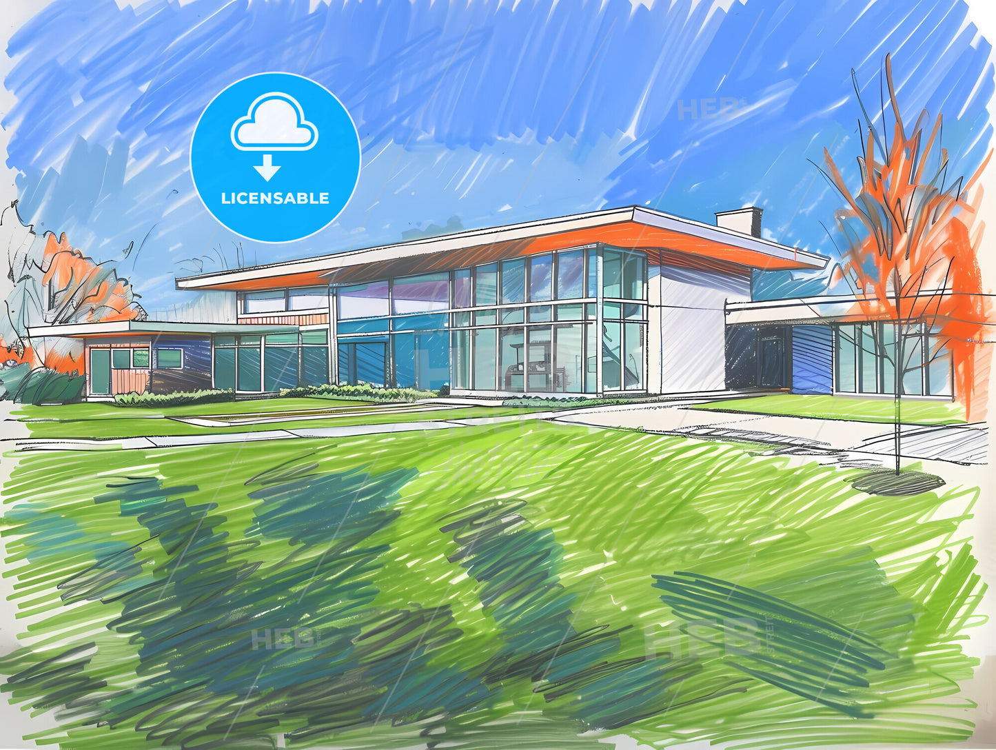 Skillion Rooftop Modern House Charcoal Sketch Drawing, Painting Art, Vibrant Sunset