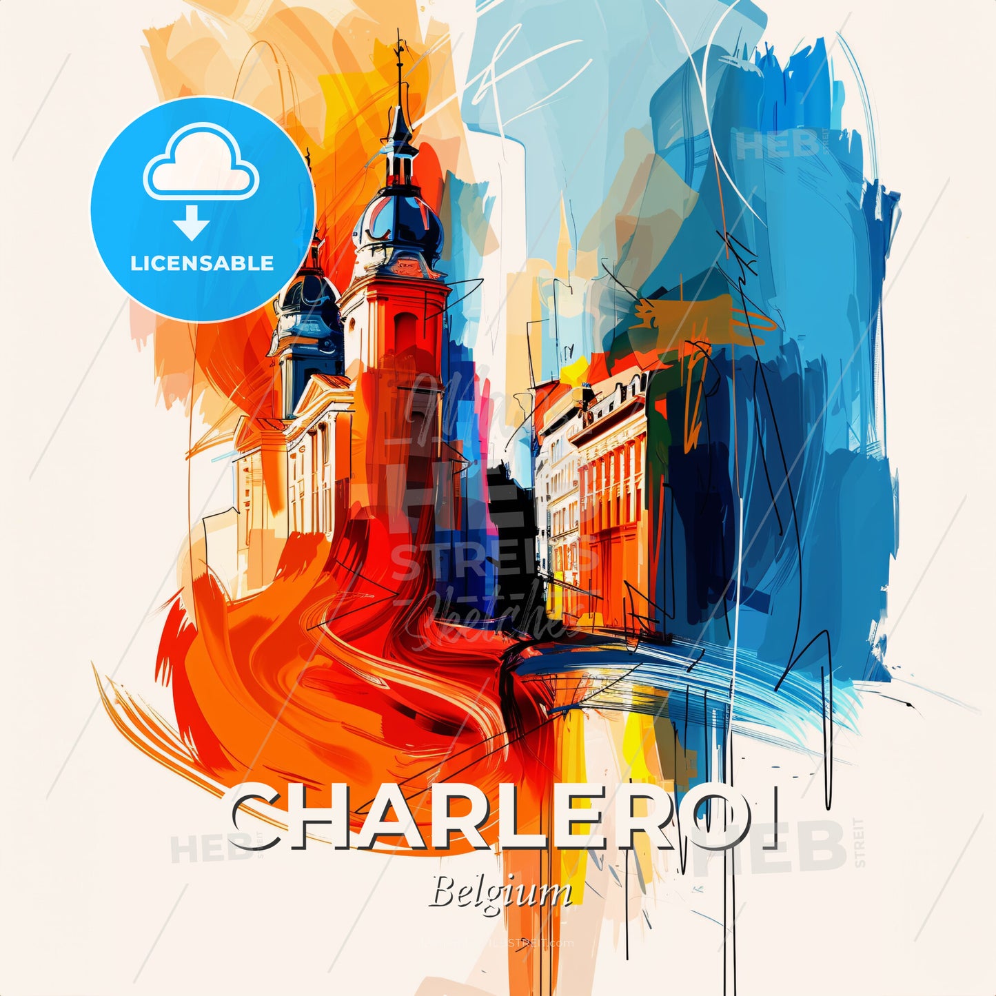Vibrant Charleroi, Belgium - A Painting Of A Building With Towers - Square format print template