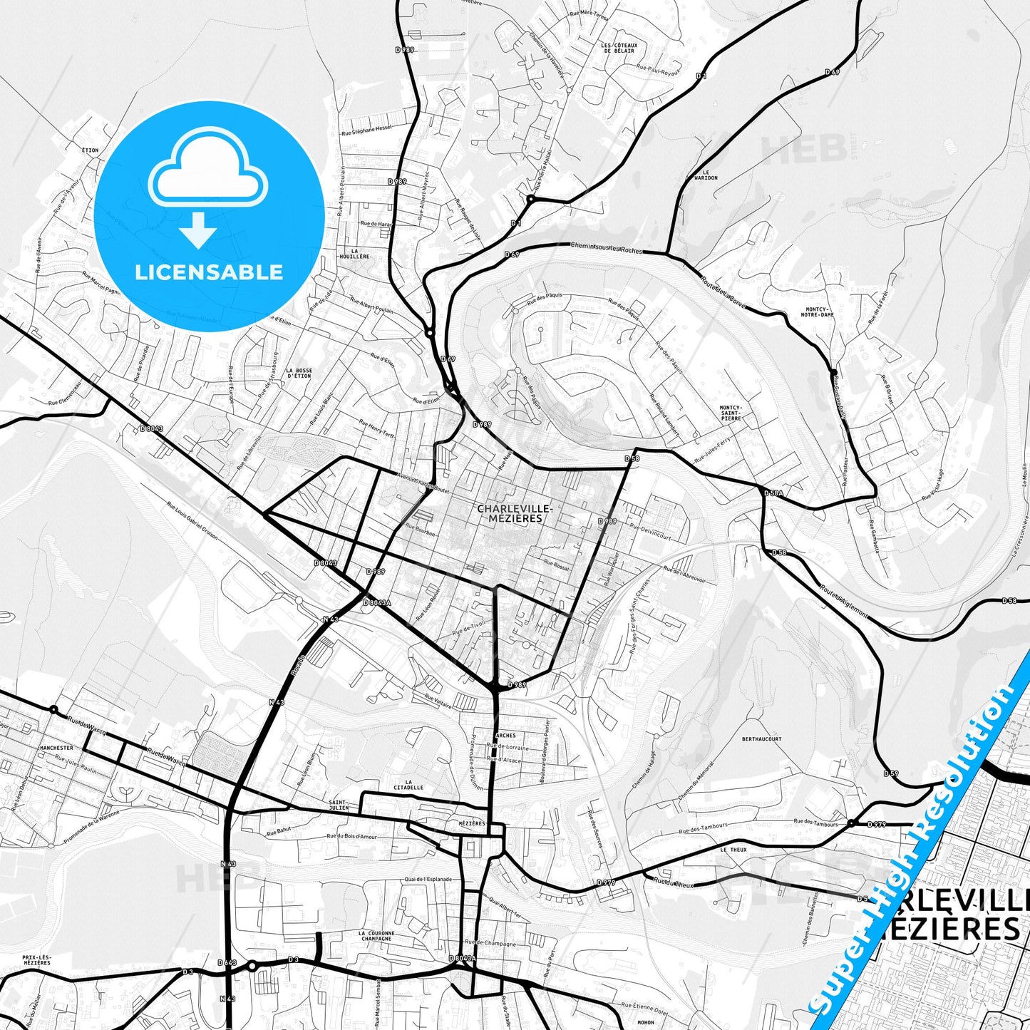 Charleville-Mézières, France Light Map with Street Names, City Names, and Districts