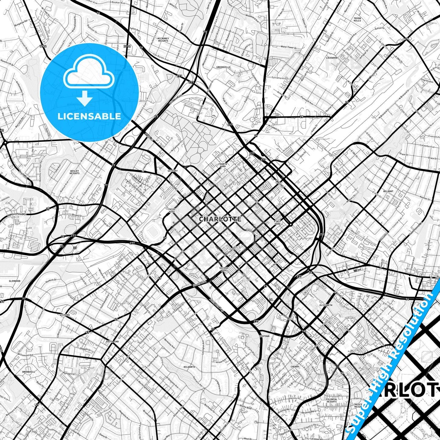 Charlotte, North Carolina Light Map with Street Names, City Names, and Districts