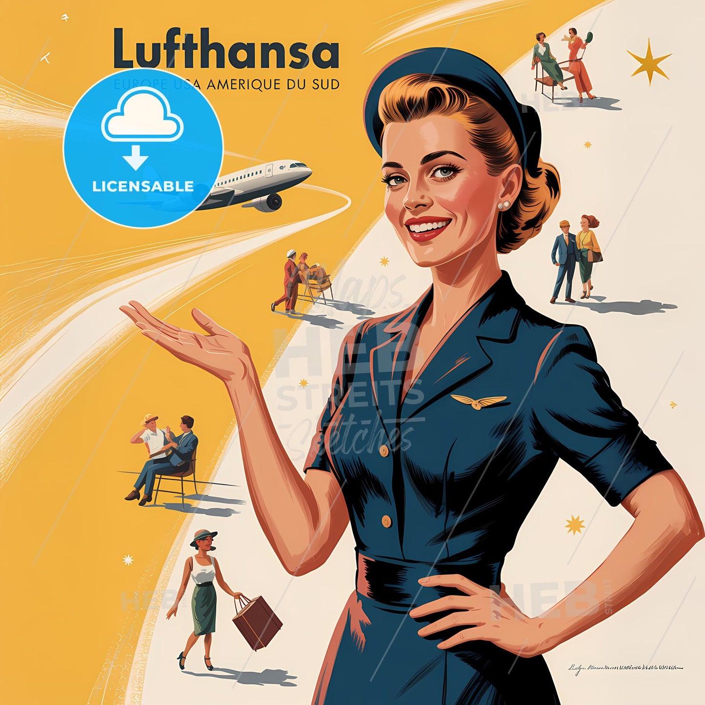 Charming 1950s Lufthansa Travel Poster: Vintage Aviation Adventure