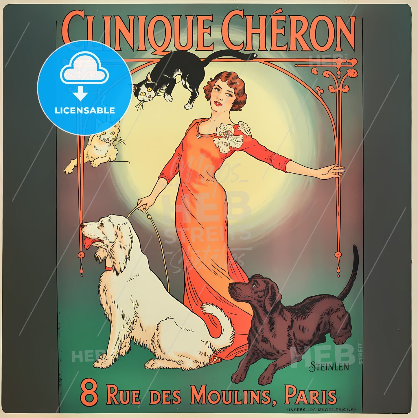 Charming Art Nouveau Veterinary Clinic Poster with Whimsical Pets