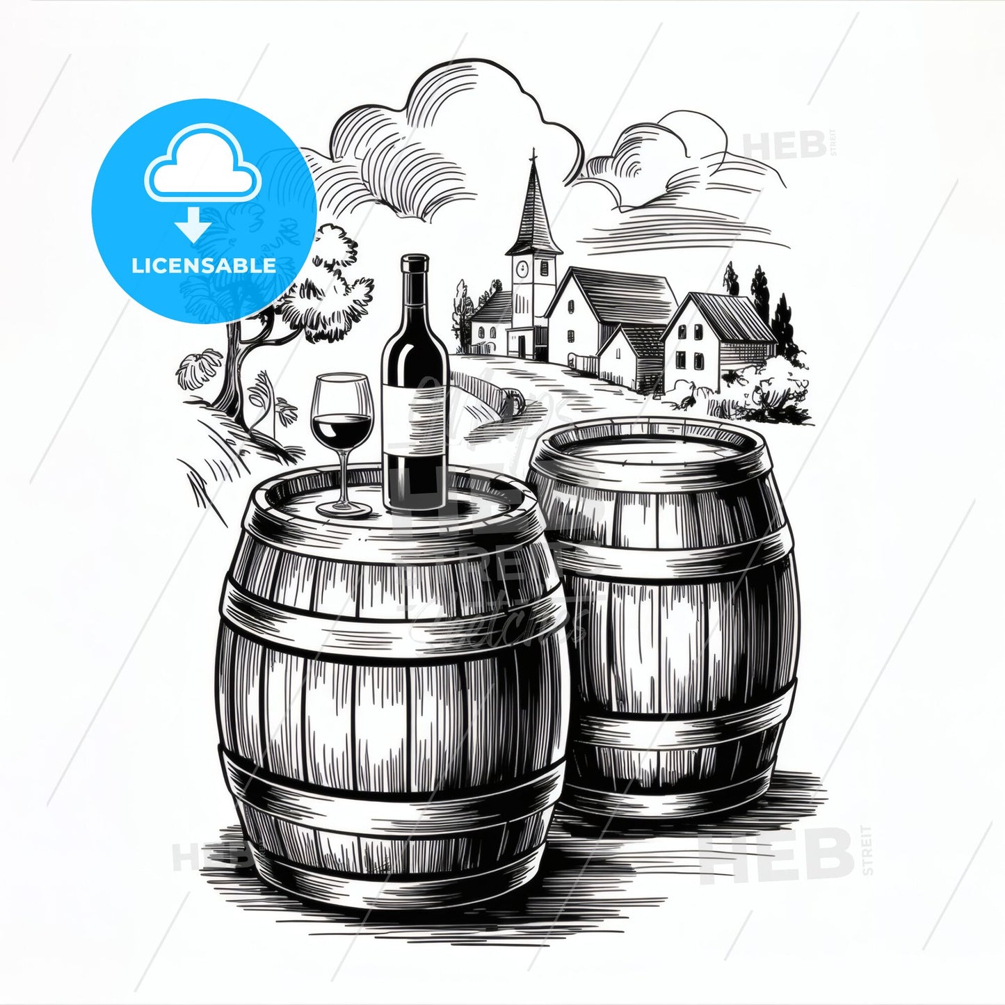 Charming countryside scene with wine barrels, a bottle, and glass set against a picturesque village backdrop.