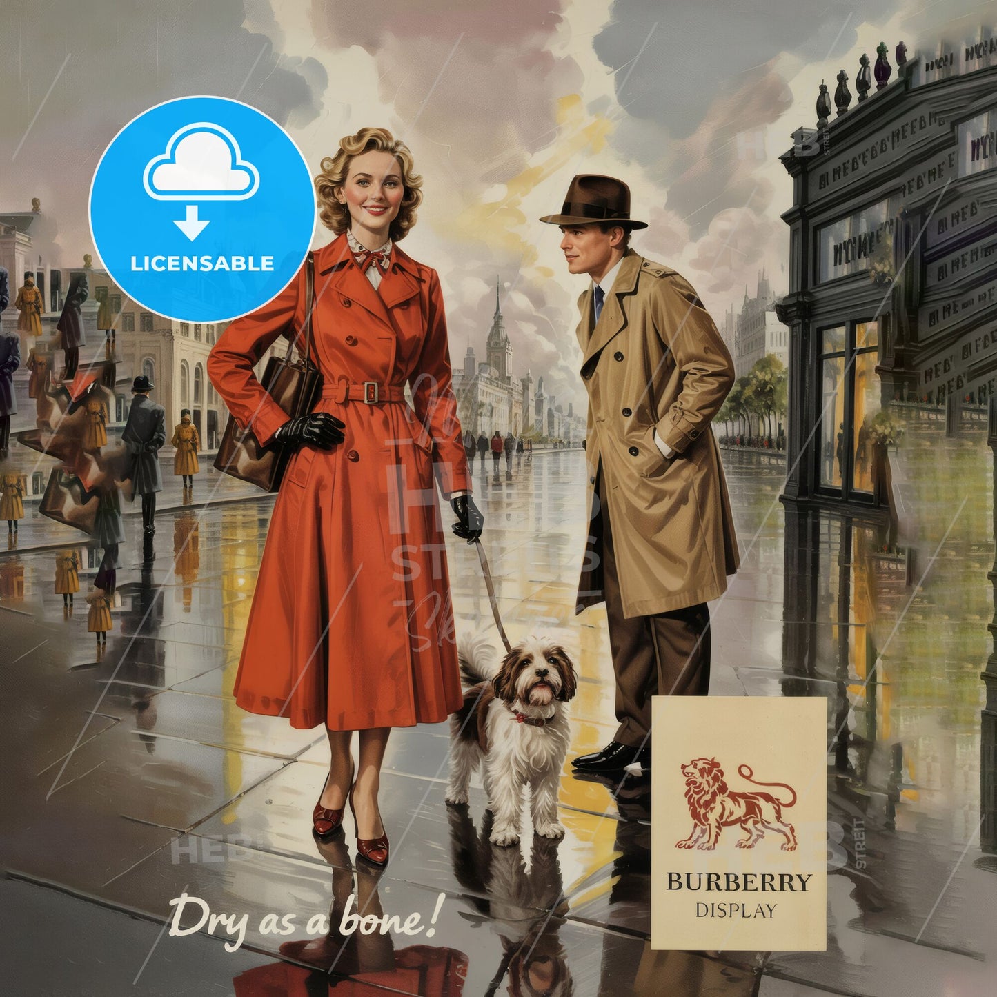 Charming Couple in Iconic Burberry Rainwear Enjoying a Stylish Walk with Their Dog on a Rainy Day.