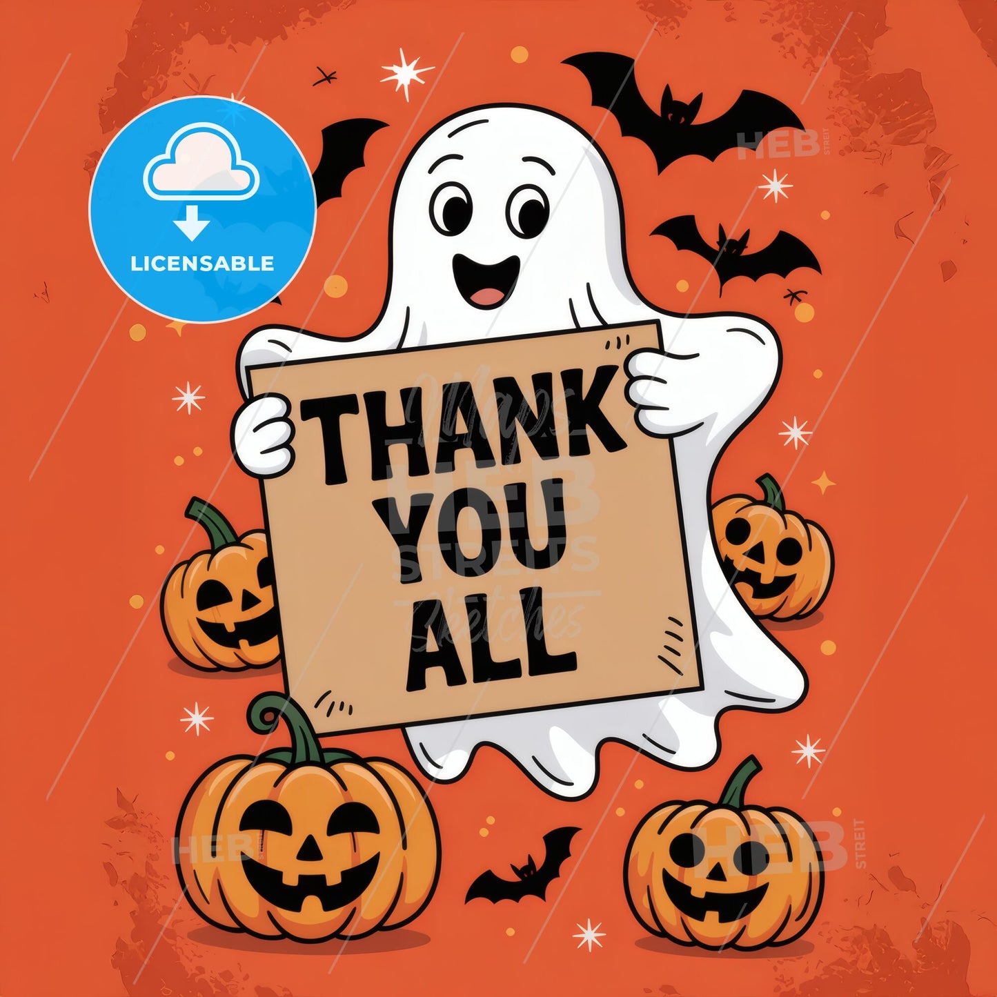 Charming Halloween Ghost Illustration: Adorable Thank You Card with Pumpkins & Bats